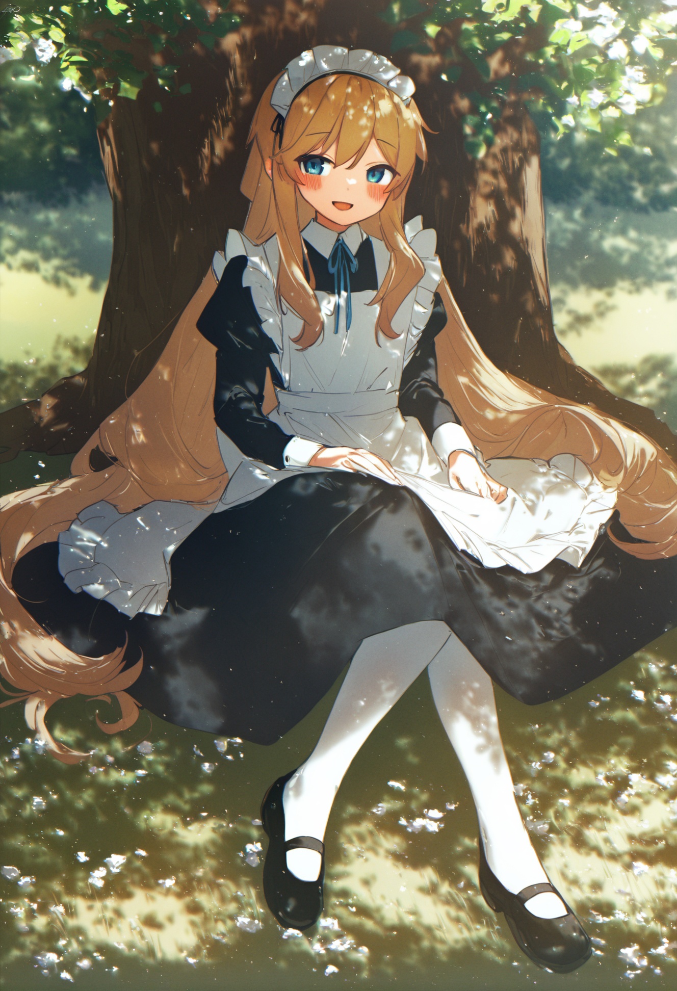 masterpiece, best quality,1girl, long hair, solo, apron, maid, blue eyes, maid headdress, sitting, dappled sunlight, black footwear, white apron, very long hair, maid apron, shoes, long sleeves, outdoors, dress, mary janes, blonde hair, tree,   white pantyhose, bangs, pantyhose, open mouth, black dress, smile, sunlight, frilled apron, puffy sleeves, blush, bow , <lora:potgXLlokr4f-000143:1>