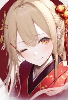 masterpiece, best quality<lora:sd_xl_dpo_lora_v1-128dim:1>,1girl, one eye closed, smile, solo, chinese new year, blonde hair, long hair, looking at viewer, orange eyes, hair ornament, blush, new year, hairclip, bangs, scar, upper body, hair between eyes  , <lora:hitoimimXLlokr4f-000053:1>