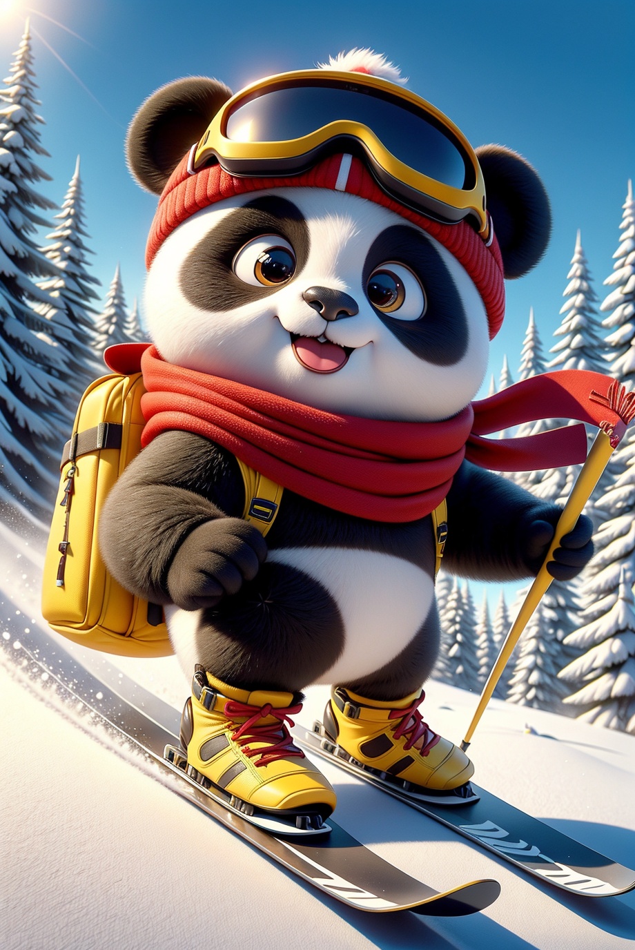 C4D,3d style,UIAIP,panda, a panda skiing down a snowy mountain with skis on his feet and a red scarf around his neck,<lora:UIApandaip:0.7>,