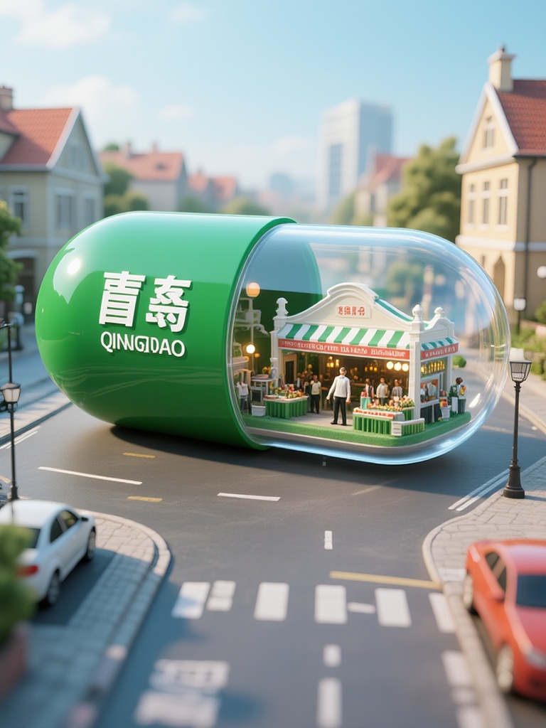 A highly detailed CGI image features a giant green pill bottle with "QINGDAO" written in white, containing a small, detailed town inside. The town has pastel-colored buildings, a bustling market, and a man in a white shirt. The pill is on a road with parked cars, surrounded by quaint houses and trees, under a clear sky. The style is hyper-realistic, with vibrant colors and intricate textures.<lora:S-T-胶囊城市丨城市地标-S1.6:1>