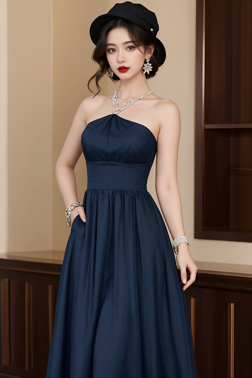 1girl, black hair, blue dress, bracelet, brown eyes, dress, earrings, hat, indoors, jewelry, lipstick, long dress, realistic, red lips, solo