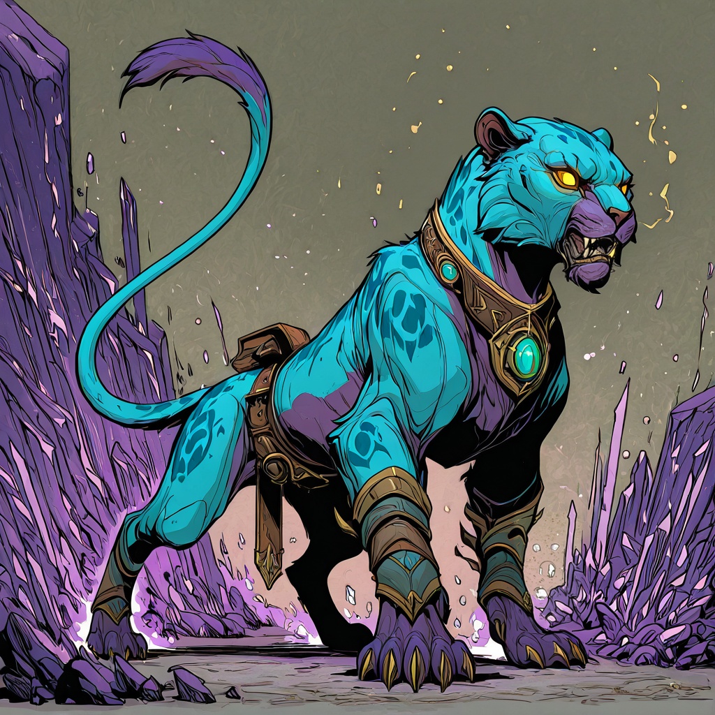 D&D Painterly,  The image shows a blue panther with a belt around its neck standing on the ground with a few purple object...
