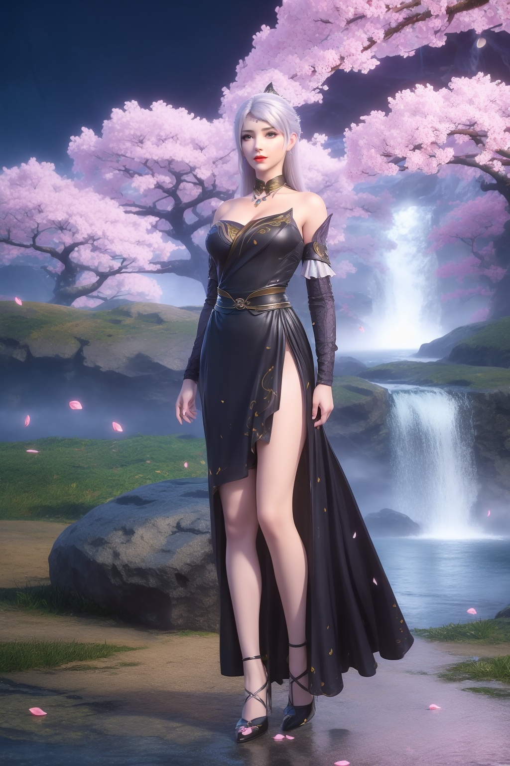 photo_\(medium\),(8k, RAW photo, best_quality),(masterpiece:1.2),(realistic:1.2),(photorealistic:1.3),(ultra-detailed),(extremely_detailed_cg_8k_wallpaper),(crystal_texture_skin:1.3),(shiny:1.2),(shiny_skin:1.4),(extremely_delicate_and_beautiful),(scenery, waterfall, (cherry_blossoms), (milfeulle_sakuraba), (petals, falling_petals), full_moon, moon, night, moonlight, night_sky, sky, petals, water, stone),shenfengLuoLi,1girl,solo,dress,torogao,breasts,large breasts,circlet,white hair,pendant,detached collar,standing,jewelry,hair ornament,earring,necklace,red lips,realistic,looking at viewer,high heels,<lora:shenfengLuoLi_20240413131506-000004:0.7>,