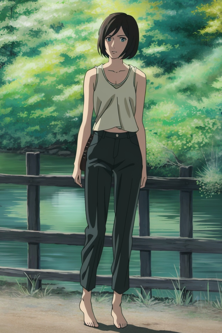 ((HRD, HUD, 8K)),((masterpiece, best quality)), highly detailed, soft light,1girl, solo, short hair, black hair, brown hair, bob cut, blue eyes,**** top, pants, barefoot, full body, long legs, standing, looking at viewer,<lora:20240421-1713705200913:0.8>