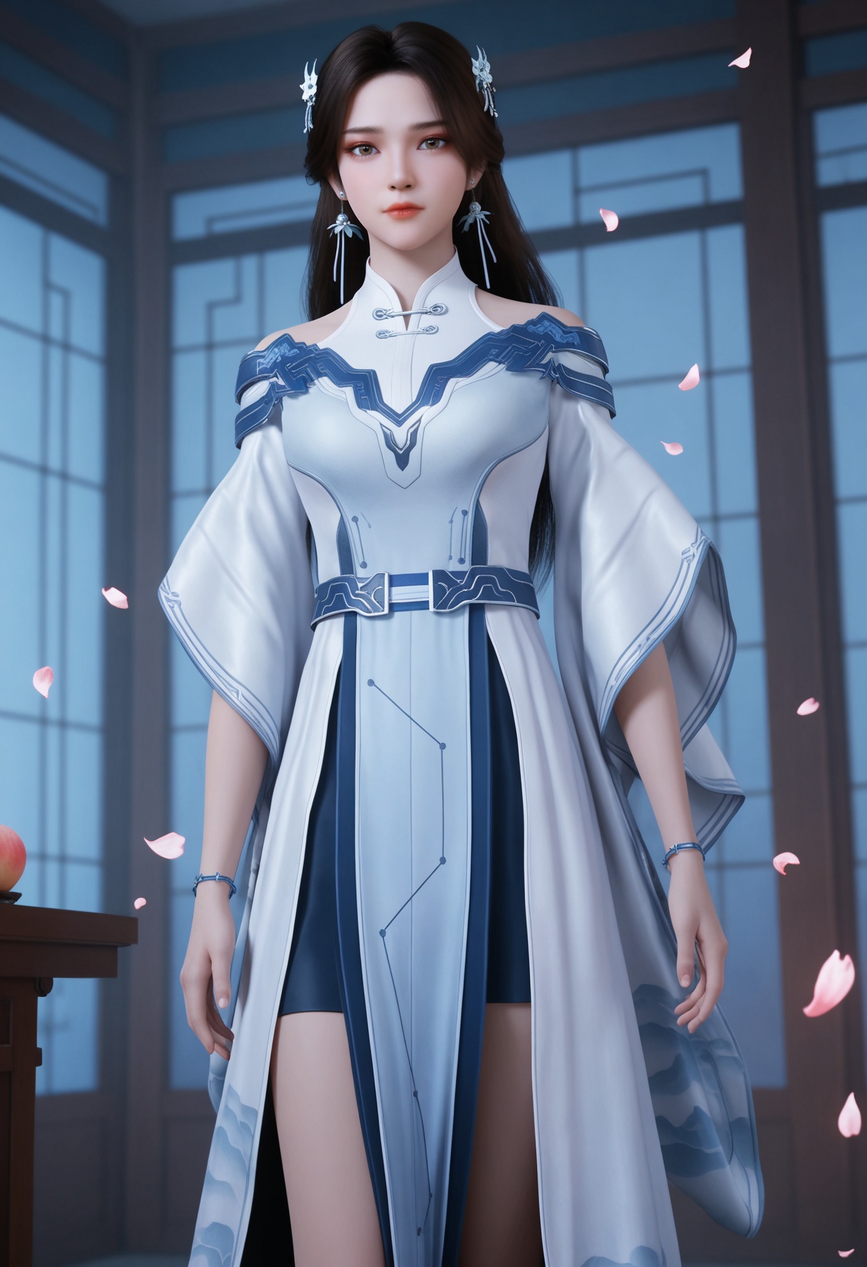 (cowboy shot:1.2),(looking at viewer:1.1),masterpiece,(best quality),smog,Dark room,dim lighting,peach blossom,falling petals,<lora:YQ_Illustrious光辉v5_李小曼_V1:0.8>,q1528437228,1girl,solo,jewelry,dress,long hair,hair ornament,earrings,white dress,black hair,bracelet,brown hair,chinese clothes,white footwear,long sleeves,brown eyes,boots,blue eyes,wide sleeves,blue dress,grey footwear,hair flower,shoes,