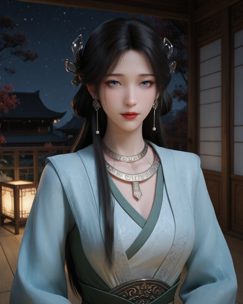 masterpiece,best quality,realistic,<lora:illustrious-梅凝-v1.6:0.7>,1girl,meining,long face,black hair,long hair,jewelry,hair ornament,earrings,necklace,hanfu,looking_at_viewer,posing,light_blue_eyes,red lips,mature_female,