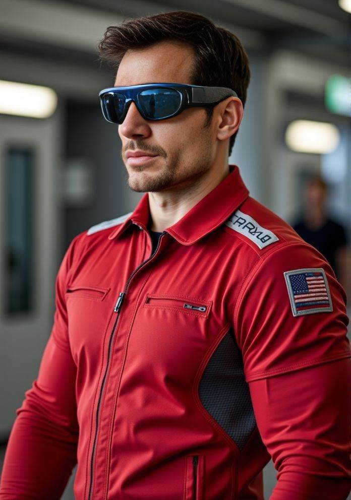 Henry Cavill ,  Hi-res photo. He wears futuristic electronic glasses. He is wearing a light red,  close fitting flight sui...