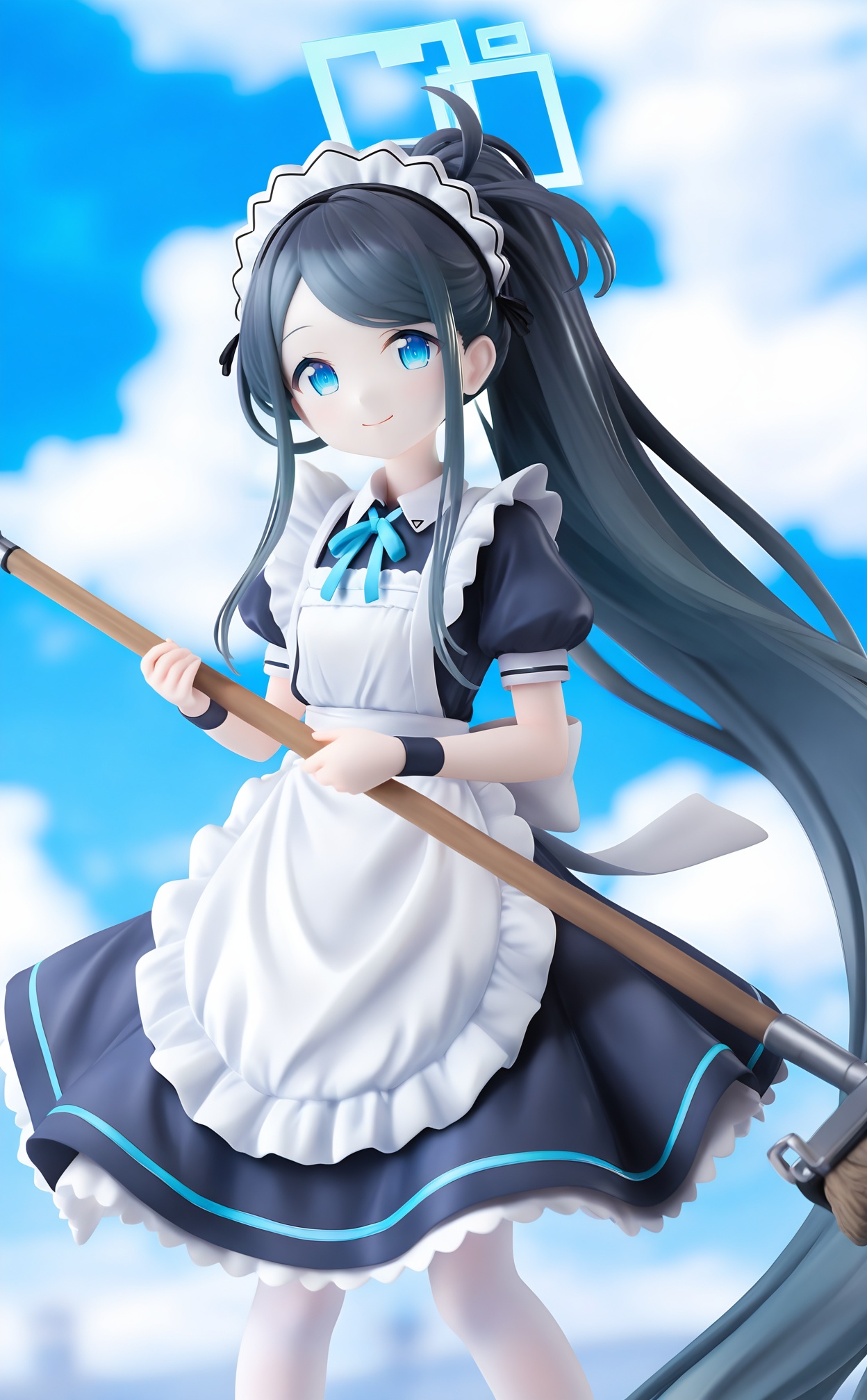 masterpiece,absurdres,best quality,loli,petite,high quality,chromatic_aberration,//,1girl,aris (blue archive),aris (maid) (blue archive),official alternate costume,long hair,solo,apron,maid,halo,black hair,maid headdress,blue eyes,maid apron,blurry,very long hair,borrowed clothes,pantyhose,short sleeves,sidelocks,smile,dress,white apron,depth of field,black dress,holding,white pantyhose,blurry background,ponytail,sky,frilled apron,holding mop,frills,absurdly long hair,official alternate hairstyle,mop,puffy sleeves,standing,cloud,outdoors,puffy short sleeves,closed mouth,ribbon,cloudy sky,neck ribbon,blue sky,broom,looking at viewer,parted bangs,wristband,//,<lora:PVC7——【noob】hans:1>,