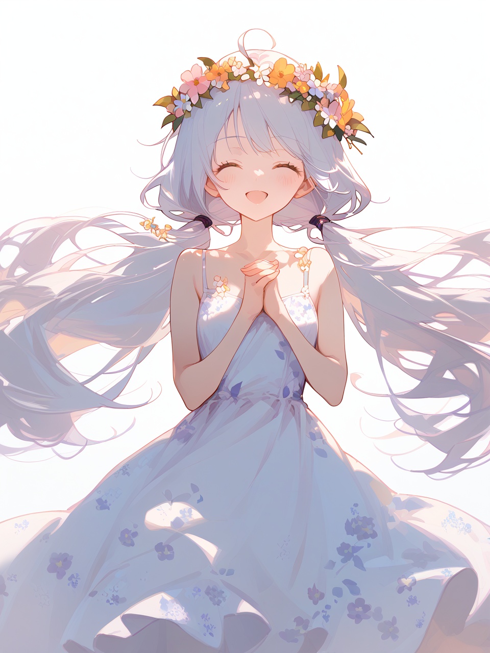 1girl,    score_9, score_8_up, score_7_up, bare shoulders, bare arms, open mouth, floral print, facing viewer, white dress, ^_^, happy, twintails, closed eyes, low twintails, sleeveless dress, sleeveless, flower wreath, smile, standing, dress, ahoge, collarbone, flower, white hair, simple background, white background, sundress, print dress, contrapposto, :d, hands on own chest, flipped hair, head wreath, cowboy shot, own hands together, solo, long hair, very long hair, blush
