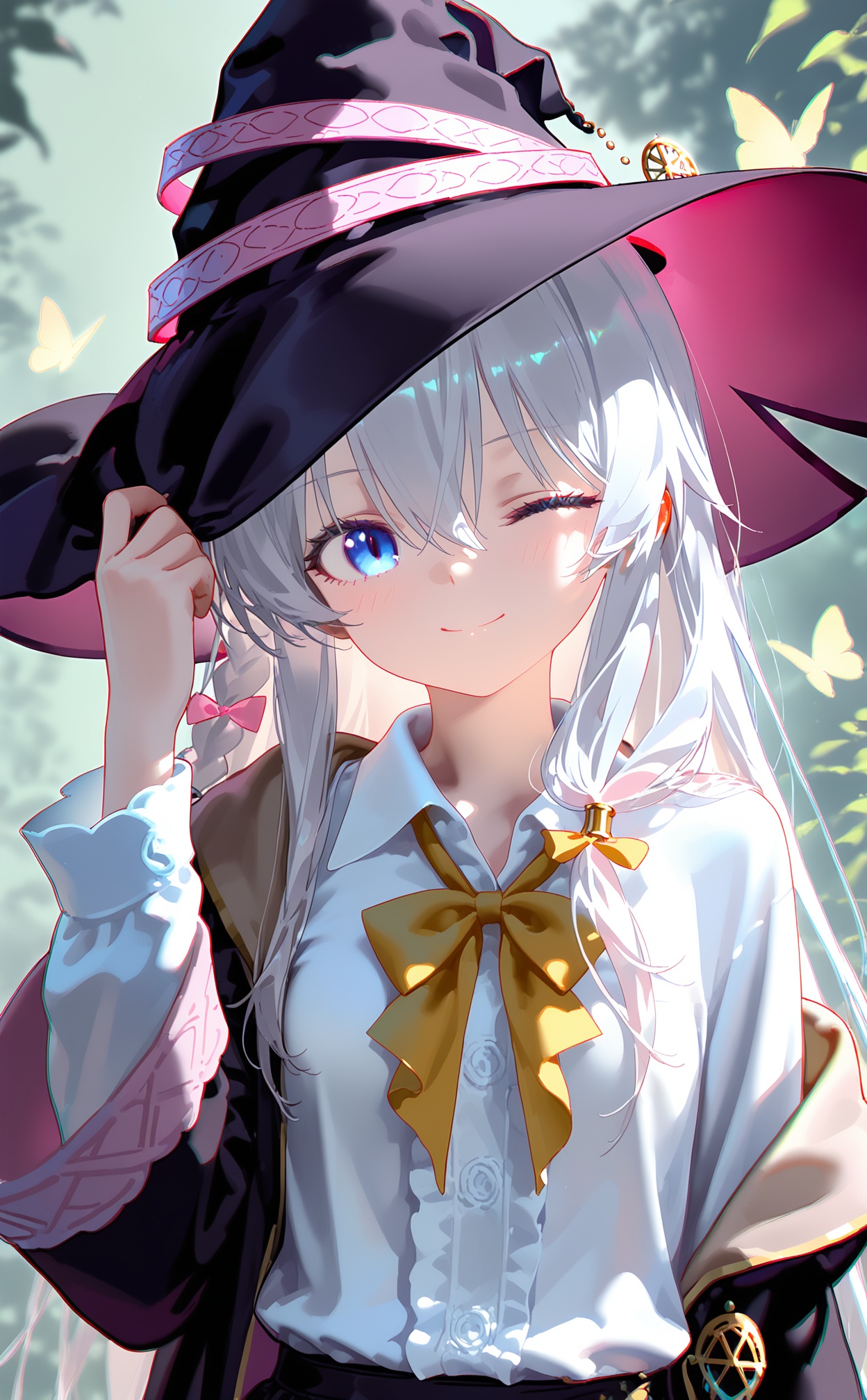 masterpiece,very aware,highres,absurdres,newest,best quality,loli,petite,high quality,chromatic_aberration,//,nyalia style,1girl, witch hat, hat, elaina (majo no tabitabi), shirt, one eye closed, solo, smile, bow, long hair, white shirt, braid, black headwear, collared shirt, yellow bow, yellow bowtie, witch, blue eyes, hand on headwear, skirt, yellow ribbon, looking at viewer, hair between eyes, long sleeves, bowtie, frills, grey hair, bug, closed mouth, open clothes, blush, butterfly, open robe, ribbon, single braid, black skirt, upper body, ;), black robe, off shoulder, robe, hair bow, side braid, neck ribbon, jacket//,<lora:nyalia——【noob】hans:1>,