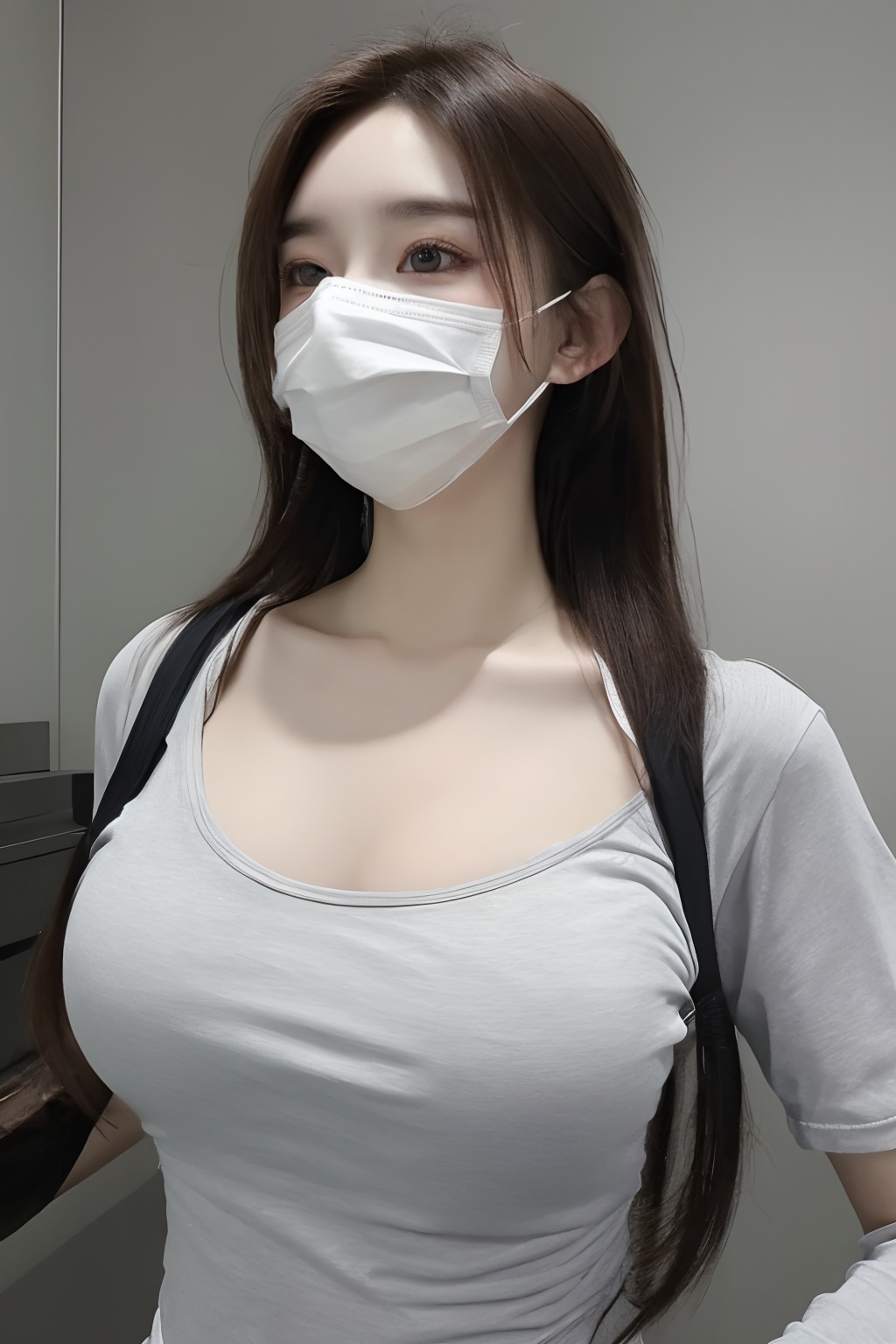 1girl,large breasts,collarbone,covered_mouth,gag,gagged,improvised_gag,long_hair,mask,large breasts,mouth_mask,realistic,shirt,solo,surgical_mask,tape,tape_gag,Sling，<lora:meinv45:0.7>,