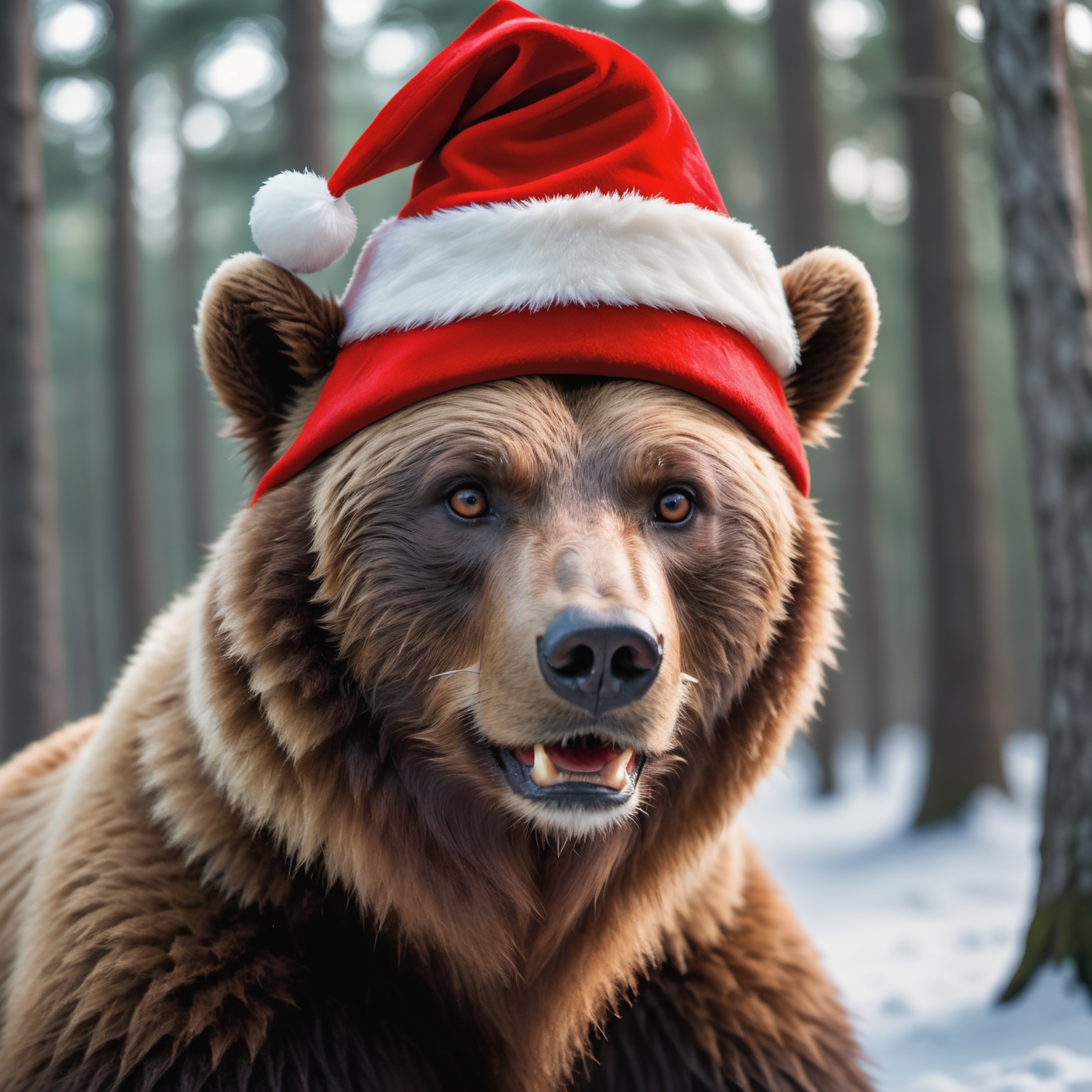face portrait from an anthro male bear,  fangs,  wearing a christmas hat in a winter forest on Tensor.Art