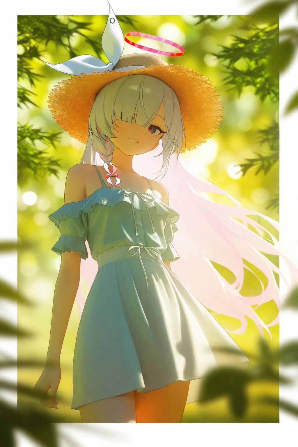 highres,absurdres,very awa,masterpiece,best quality,newest,year 2024,(realistic:0.6),3d,lineart,chiaroscuro,mood lighting,ray tracing,volumetric lighting,dreamy atmosphere,atmospheric lighting,cinematic lighting,dramatic shadows,subsurface scattering,ethereal glow,\n,(cowboy shot:1.5),(close up:1.3),(movie perspective:1.3),(dynamic pose:1.3),movie poster,1girl,solo,(plana \(blue archive\):1.3),white hair,halo,blue archive,grey eyes,red pupils,\n,intense shadows,golden hour lighting,strong rim light,bokeh,vanishing point,wide shot,white border,(border:1.3),photo background,outside border,(wide border:1.3),cinematic angle,movie perspective,dynamic angle,blurry background,blurry,blurry foreground,straight-on,depth of field,\n,long wavy hair, casual hairstylesilk blouse, designer jeans, straw hatcontent smile, relaxed expressionsharing strawberry shortcake on picnic blanketriverside willow trees, falling catkins, green grassdappled sunlight, soft focus, fresh atmospherefrom above, through willow branchespastel pink and green theme