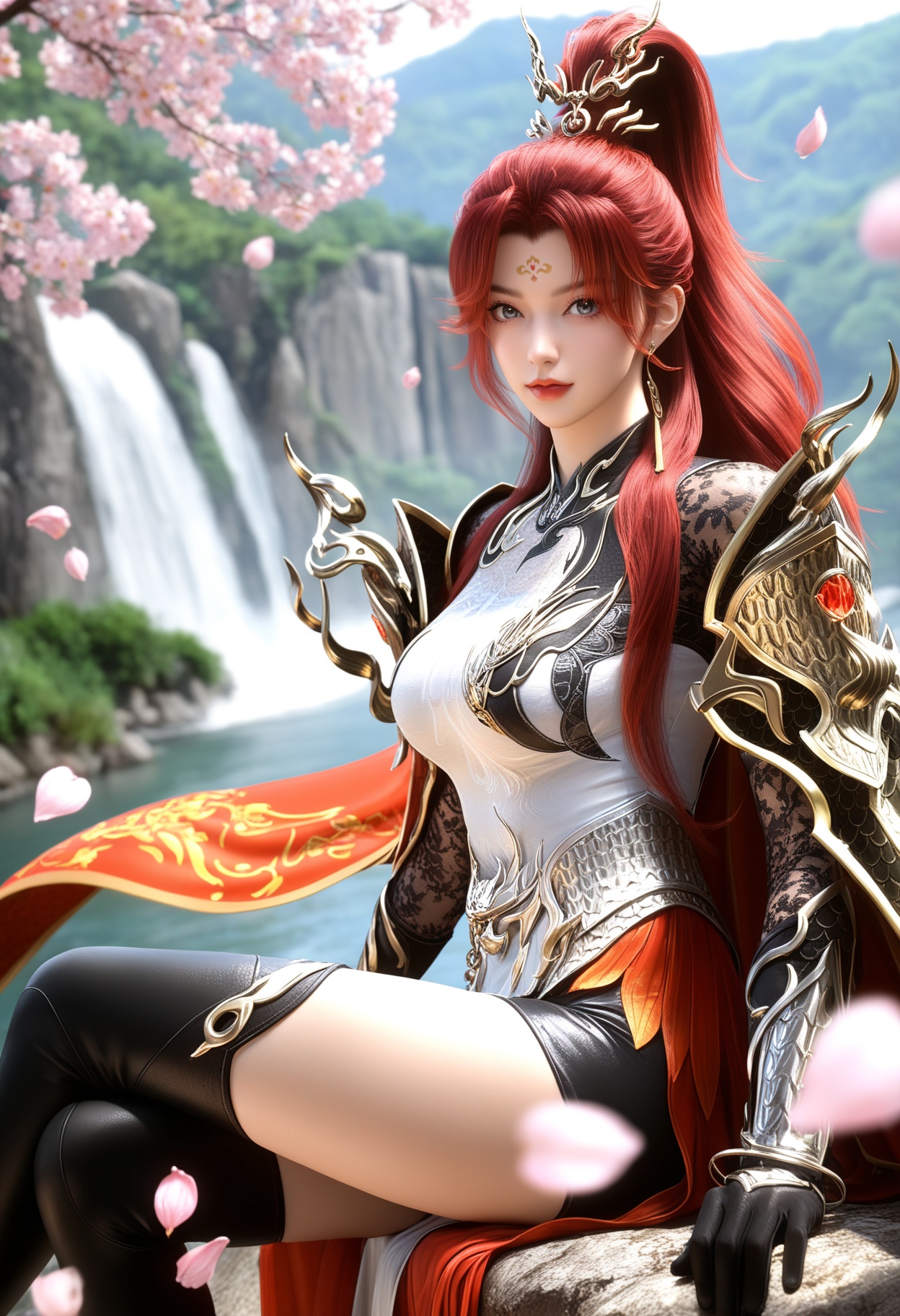 masterpiece,best quality,amazing quality,high resolution,ultra-detailed,absurdres,(looking at viewer:1.1),moody lighting,waterfall,peach blossom,falling petals BREAK large breasts,1girl,solo,long hair,red hair,jewelry,earrings,forehead mark,red lips,hair ornament,ponytail,armor,dress,chinese clothes,makeup,thighhighs,gloves,cape,blue eyes,shoulder armor,high ponytail,grey eyes,red cape,black thighhighs,thigh boots,boots,sitting BREAK photorealistic details,<lora:QQSillchiyanghuamingV1:0.8>,