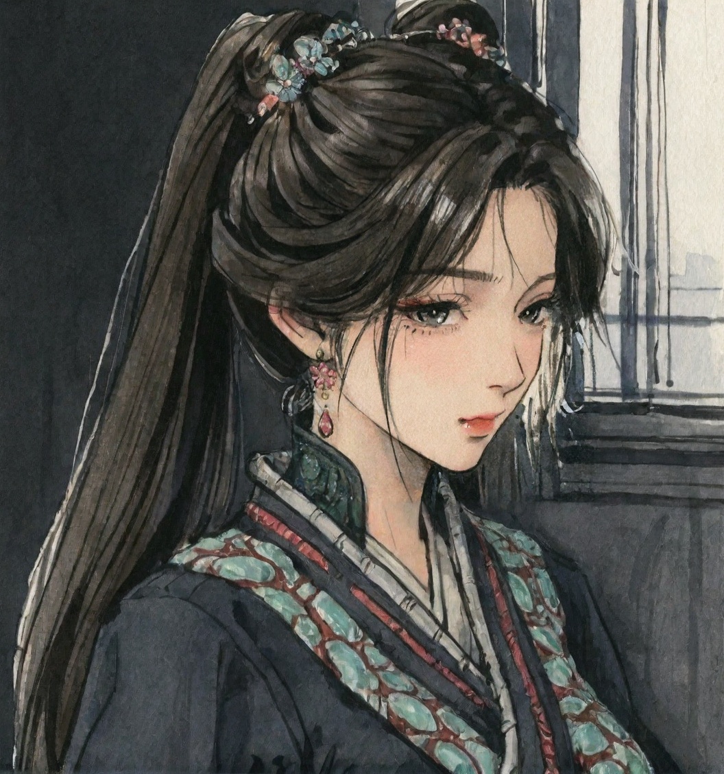 ((very awa)),solo,highly detailed,(best quality),((masterpiece)),1girl,chi,<lora:鸽正则nbXL:0.3>,ge,<lora:chi正则100nbXL:0.8>,traditional media,painting \(medium\),watercolor \(medium\),looking_at_viewer,large breasts,<lora:梅凝新nbXL:0.7>,meining,jewelry,earrings,hair ornament,ponytail,kawaii,bishoujo,