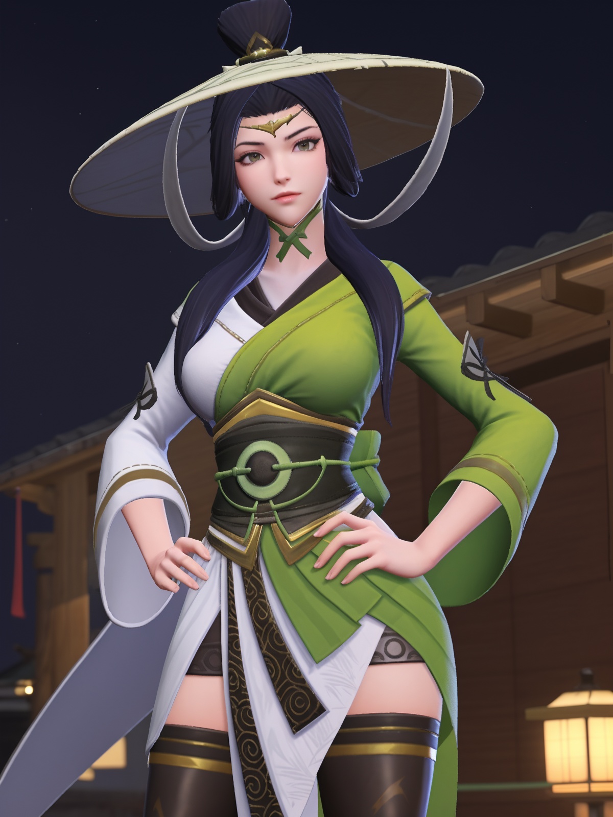 WZRYshangguanwanerXZMK, 1girl, solo, thighhighs, black hair, hat, looking at viewer, long hair, wide sleeves, chin strap, japanese clothes, sash, breasts, long sleeves,choker, obi, closed mouth, <lora:WZRYshangguanwanerXZMK:0.75>,cityscape, night, hand on hip, 