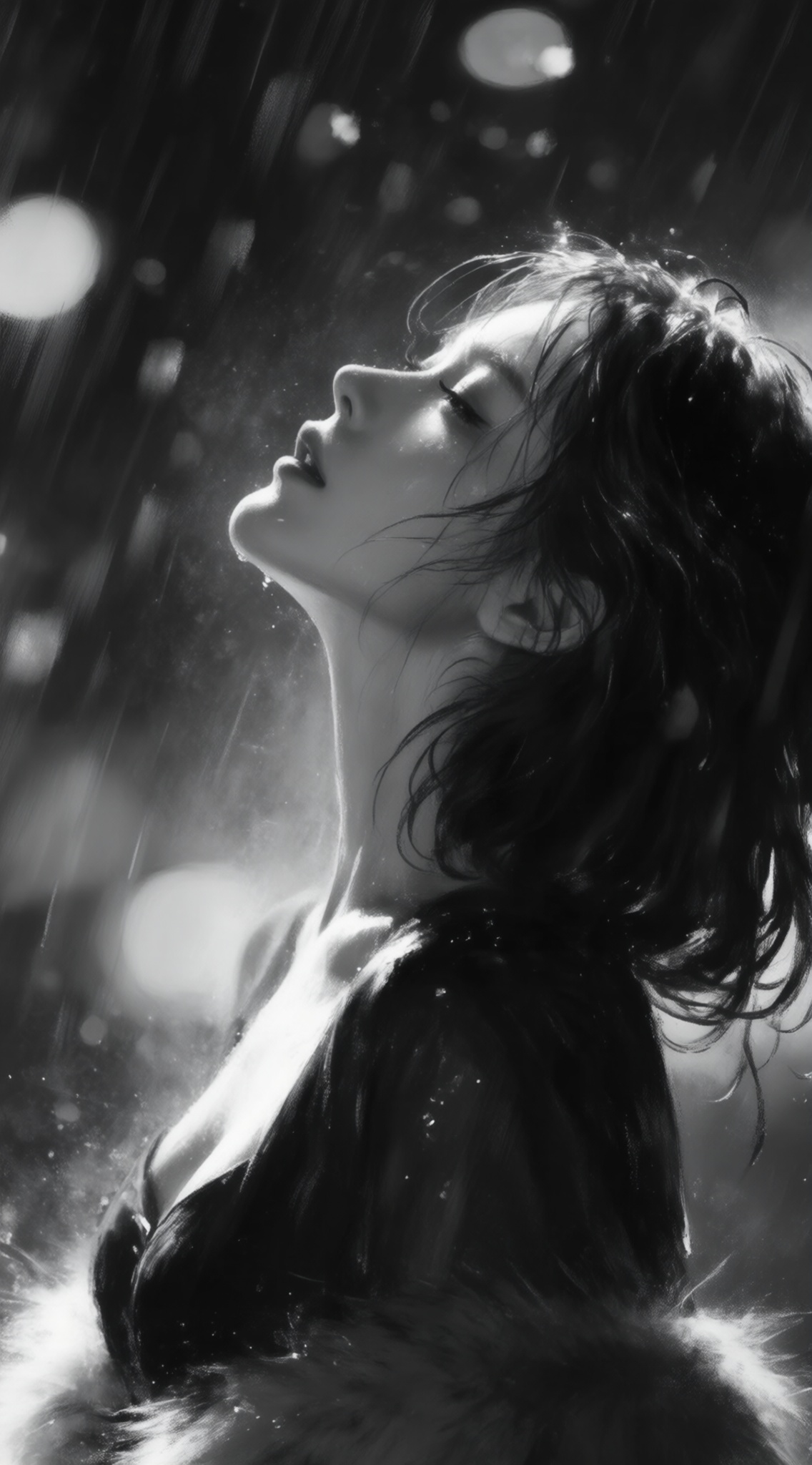 a black and white,monochrome digital illustration shoot from a profile camera angle about a woman standing in the rain,looking up with a serene expression,the image features a woman in the middle of the frame,with her upper body facing the viewer,she appears to be in her mid-twenties,with short,wavy black hair that falls down her back,her eyes are closed,and she is wearing a black top that accentuates her medium-sized breasts,her lips are slightly parted,giving off a sensual vibe,the background is blurred with bokeh lights,adding a dreamy,ethereal quality to the image,the rain is falling gently,creating a sense of movement and energy,the womans expression is serene and contemplative,as if she is lost in thought,overall,the image is a striking and captivating piece of art that captures the beauty of the moment,, Negative prompt: ng_deepnegative_v1_75t,(badhandv4:1.2),EasyNegative,(worst quality:2),,nsfw, Steps: 30, Sampler: Euler, CFG scale: 4.0, Seed: 2031333938, Size: 1142x2048, Model hash: 9768b098f7, Model: ZOZ_千问大模型~超强泛化改良版_v1.0.safetensors, Denoising strength: 0, RNG: CPU, Lora 1: ZOZ_厚涂水彩~千问, Lora Hash 1: 68a42c4795, Lora Weight 1: 0.8, vae_name: automatic