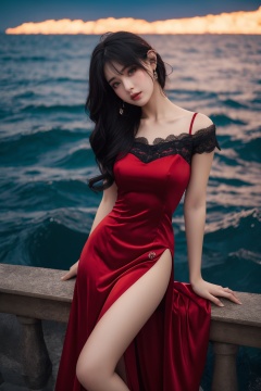 1girl,Forbidden sea,red dress,dark theme,