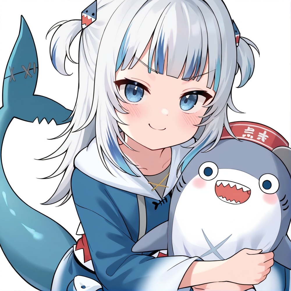 masterpiece, best quality, Jelen01, 1girl, gawr gura, virtual youtuber, blue eyes, gawr gura \(1st costume\), bloop \(gawr gura\), smile, multicolored hair, streaked hair, grey hair, two side up, hair ornament, looking at viewer, blue hair, white background, shark hair ornament, blue hoodie, simple background, stuffed toy, fins, hood, shark tail, upper body, blush, closed mouth, fish tail, wide sleeves, solo, stuffed animal, long hair, hoodie, stuffed shark, sharp teeth, long sleeves, blunt bangs, hugging object, shark girl, v-shaped eyebrows, tail,  <lora:JeLen02-000003:0.8>,  ray tracing, 