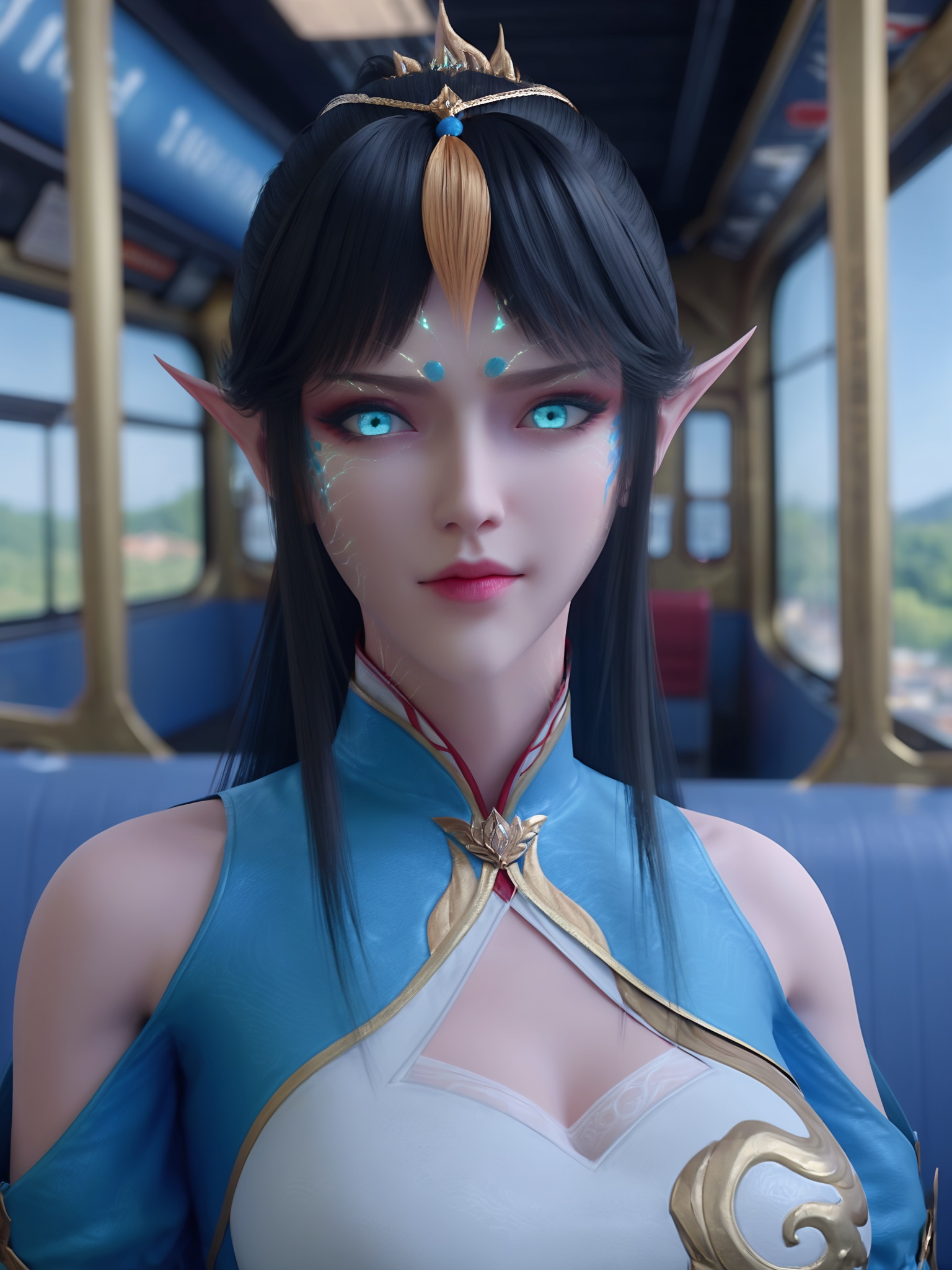 solo,1girl,fsolo focus,(perfect_anatomy:1.1),(upper_body:1.2),(portrait:1.1),sitting,(train_interior:1.1),(blurry_background:1.2),score_9,<lora:斗破凤清儿变身Pony:0.8>,blue eyes,dark hair with a striking blonde streak and pointed,elf-like ears,a intricately designed outfit in shades of blue and white,featuring intricate gold embroidery and a high collar,luminescent wings,