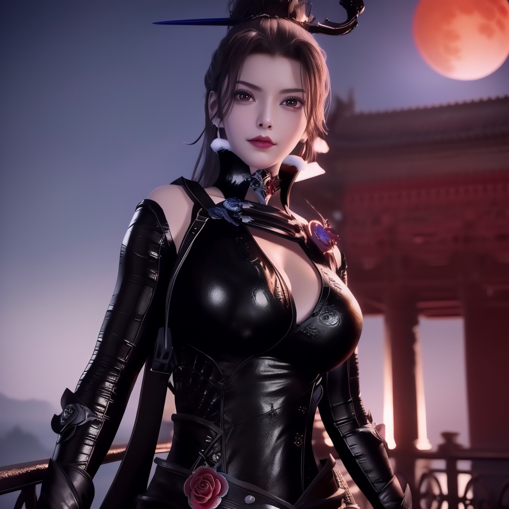 <lora:万界至尊-李雪衣-皮衣:0.8>, (,1girl, ,best quality, ),looking at viewer,  ,,ultra realistic 8k cg,, ,masterpiece, (( , )),, ,science fiction,mole, ,    ,red moon, black rose,     (cleavage),,  (),