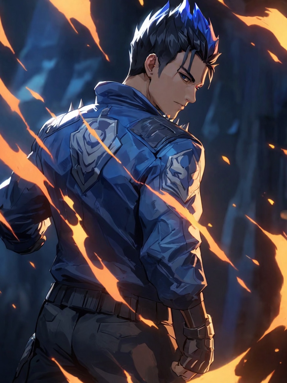 Yoru,blue fire,1boy,gloves,male focus,jacket,fire,fingerless gloves,solo,blue jacket,looking back,black hair,black gloves,clenched hand,this digital anime-style artwork depicts a muscular,dark-haired male warrior with spiky hair,wearing a blue,armored jacket adorned with a fierce,mask-like emblem on the back. he has a stern expression,and his right hand is clenched into a fist. the background is dark with glowing blue,jagged energy lines,suggesting a powerful,otherworldly environment. the depth of field is shallow,with the background blurred. no watermark is present.,looking_at_viewer,real,ray tracing,ultra sharp,ultra high resolution,(masterpiece),(best quality),super detailed,extremely delicate and beautiful,exquisite facial features,super delicate face,cinematic light,detailed environment,ultra realistic details,facing camera,finely detailed features,cinematic lighting effects,photoreal,32k uhd,cinematic lighting effects,