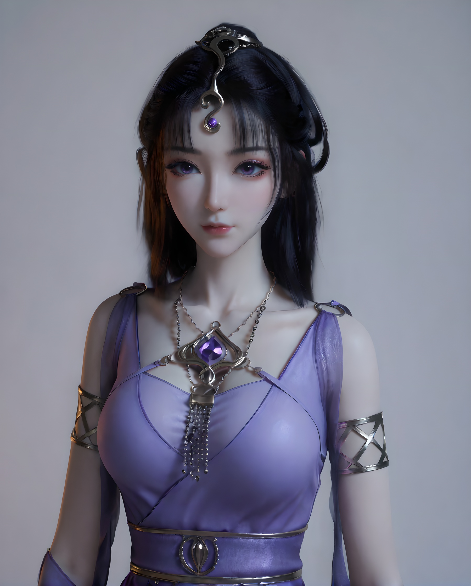<lora:SF_WenSiYue_Pony_Realism-000002:0.7>,1girl,solo,purple dress,large breasts,forehead jewel,eyelashes,makeup,long hair,hair ornament,standing,looking at viewer,black hair,white background,
