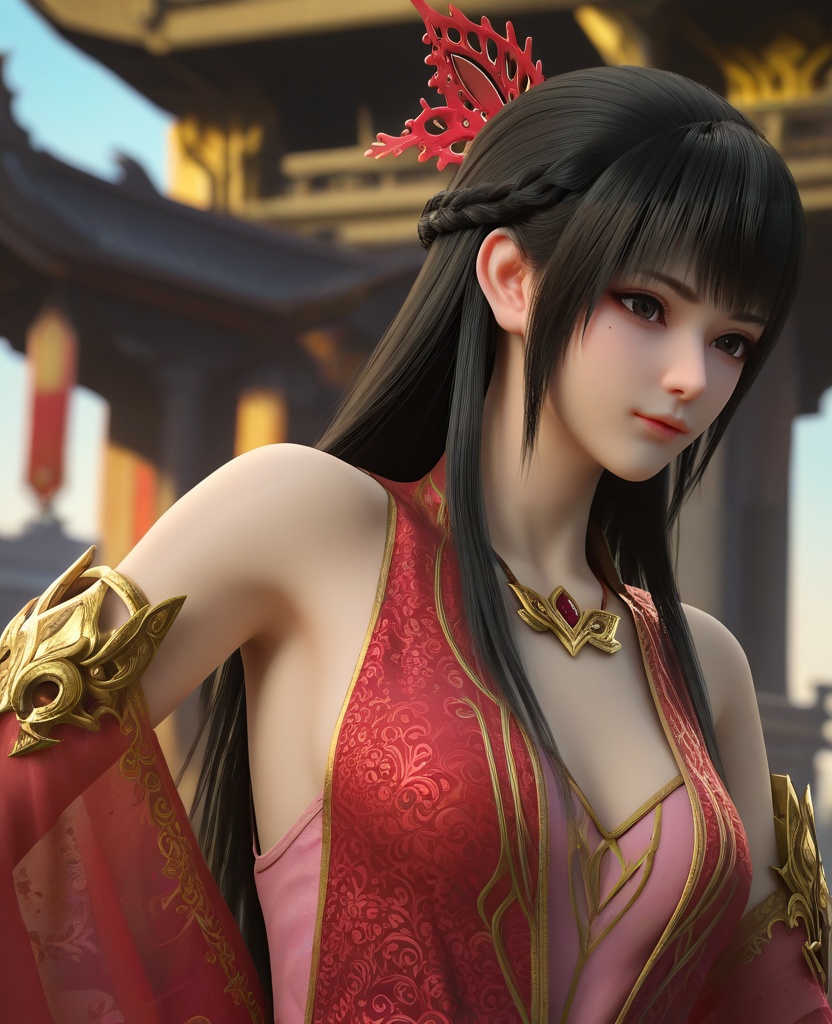 (oriental architecture, elegant decor, sophisticated style:1.1),hugging,(breasts:1.2),<lora:XL16大主宰红绫:0.95>,1girl,red dress,mole under eye,black eyes,black hair,long hair,hair ornament,bare shoulders,, zPDXL2, score_9, score_8_up, score_7_up BREAK realistic, masterpiece,best quality, highly detailed,, zPDXL3, zPDXL2,zPDXL, zPDXLxxx, zPDXLrl,