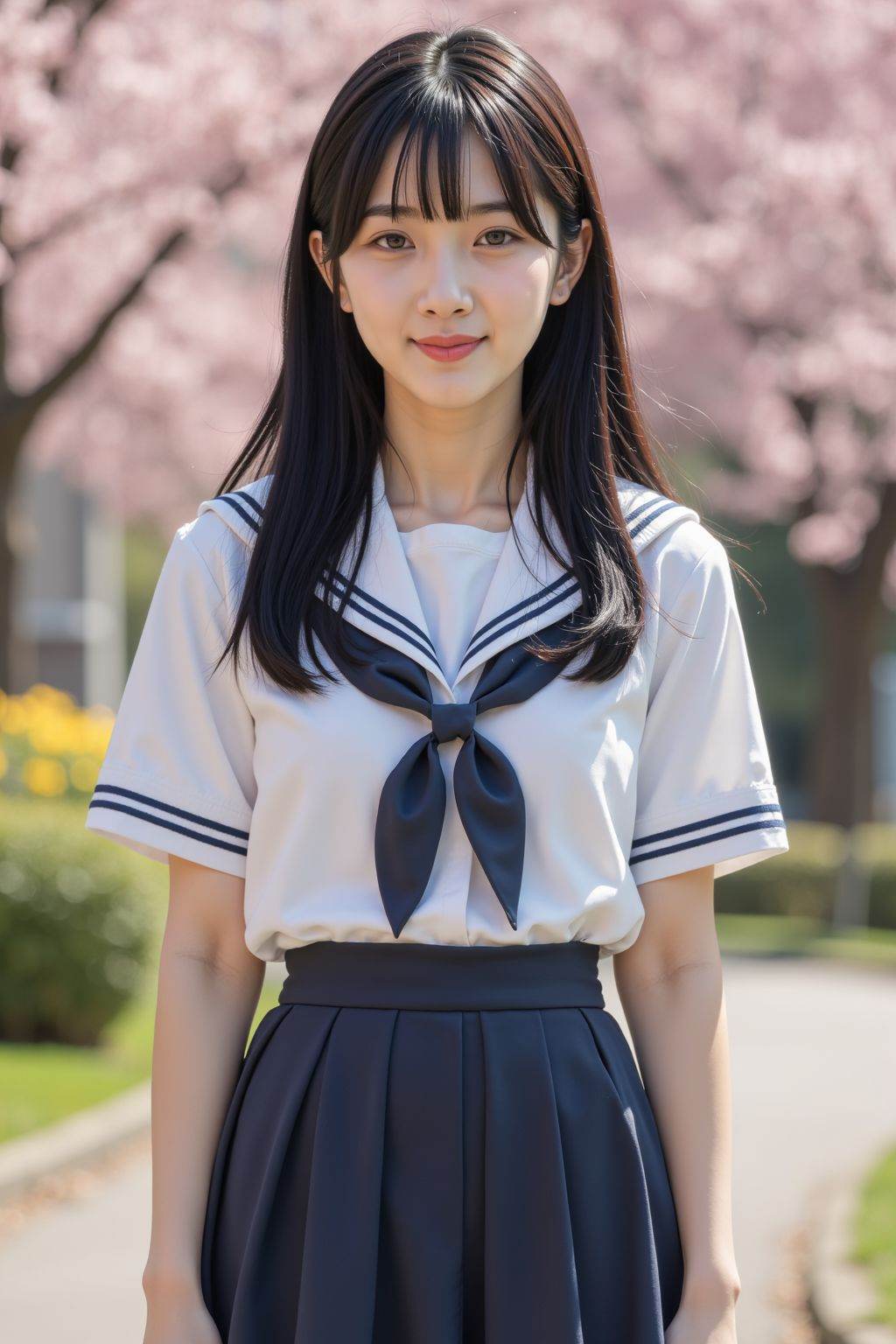 HDR photo of cinematic film still,young girl,solo,black hair,smirk,school uniforms,skirt,peach blossom,outdoors,