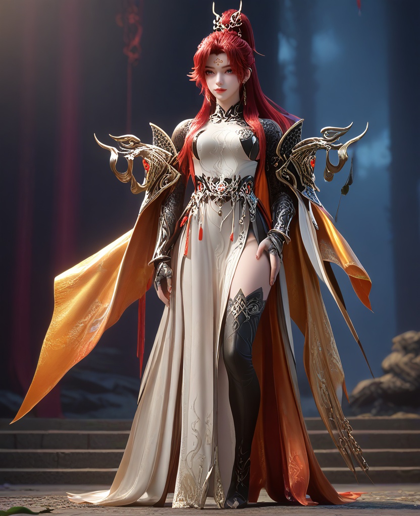 (She stands with her hands in her pockets, gazing into the distance.:1.1),looking at viewer,(large breasts:1.2),<lora:XL16云深不知梦炽阳华明:0.95>,miss chiyanhuaming,beige panel dress,forehead mark,grey eyes,red hair,half-up high ponytail with long cascading hair,long hair,hair ornament,earrings,jewelry,armguards,sash,orange cape,black gloves,high-heeled thigh boots,, score_9,score_8_up,score_7_up,score_6_up,score_5_up,score_4_up,3d rendering,tag1,tag2, Cinematic Lighting,backlighting,