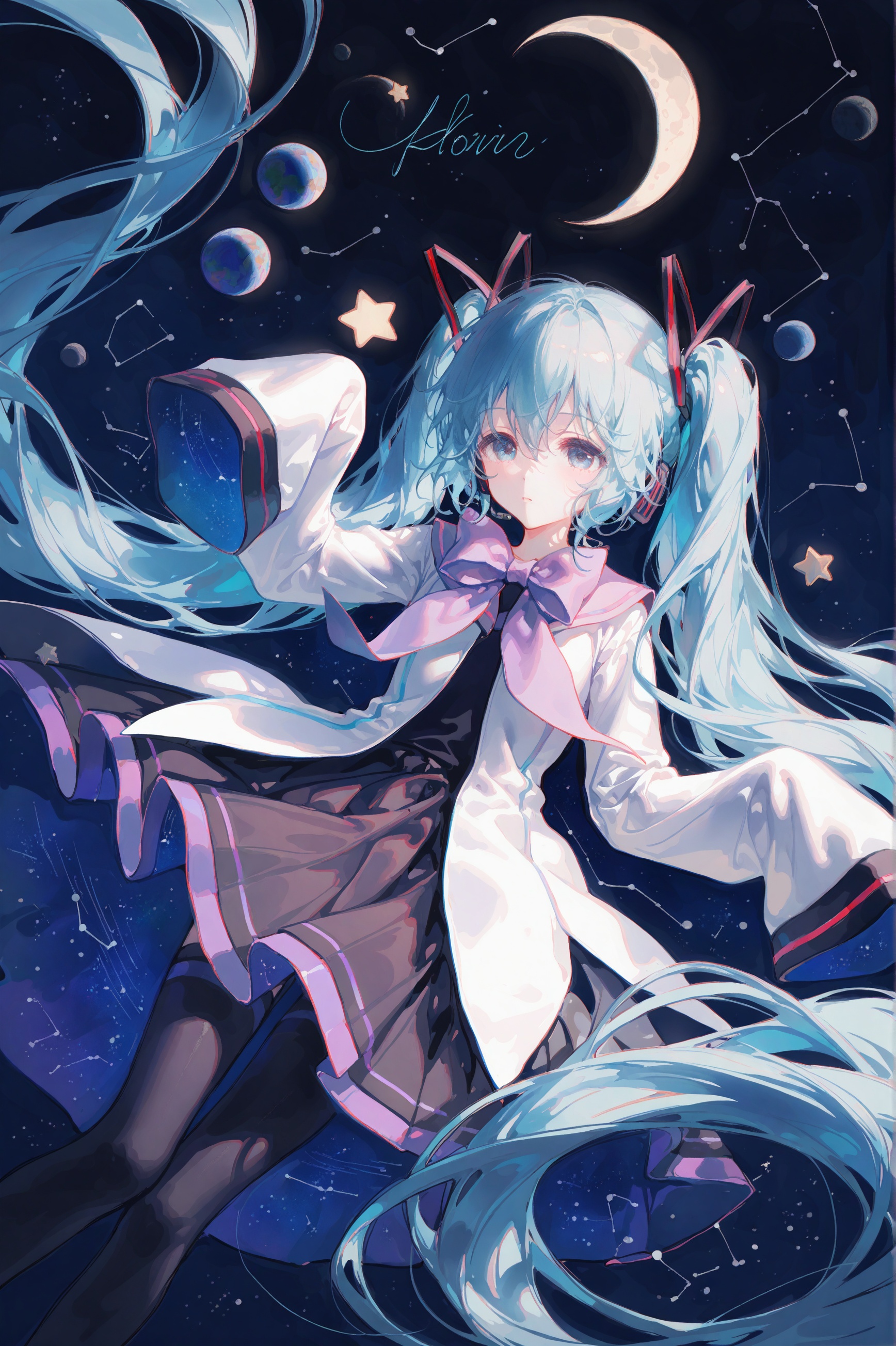 masterpiece,very aware,highres,absurdres,newest,best quality,loli,petite,high quality,chromatic_aberration,cinematic_angle,dutch angle,//,artist:ciloranko,artist:ningen_mame,artist:sho_(sho_lwlw),artist:rhasta,artist:wlop,artist:ke-ta,artist:hiten \(hitenkei\),//best, 1girl, solo, hatsune miku, long hair, sleeves past wrists, twintails, very long hair, constellation, star (symbol), sleeves past fingers, thighhighs, blue hair, skirt, star (sky), blue eyes, arm up, dress, long sleeves, bow, hair between eyes, closed mouth, signature, feet out of frame, pleated skirt, purple bow, triangle, aqua hair, thigh boots, aqua eyes, black thighhighs, floating hair, pantyhose, purple bowtie, very long sleeves, bowtie, starry sky, looking up, boots, artist name, purple theme, blue theme, ribbon, hair bow, space, black skirt, standing, purple skirt, outstretched arm, hair ornament, expressionless, black pantyhose, galaxy, crystal, shirt, hair ribbon, white jacket, shorts under dress, purple sailor collar, miniskirt, shorts, starry background, sky, white shirt, looking afar, night, moon, black dress, parted lips, jacket, absurdly long hair, abstract background, pleated dress, planet, crescent moon, diamond (shape), song name, cowboy shot, constellation print