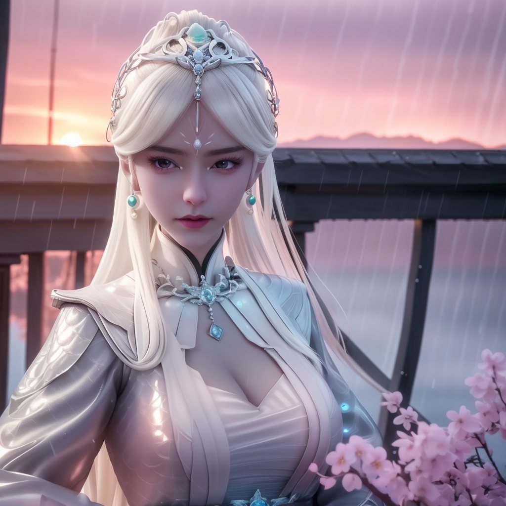 <lora:741-DA-万界独尊-杨天雪:0.8>, (,1girl, ,best quality, ),looking at viewer,  ,,ultra detailed 8k cg, ultra detailed background ,ultra realistic 8k cg,          cinematic lighting, cinematic bloom, (( , )),,  , unreal, science fiction,  luxury, jewelry, diamond, pearl, gem, sapphire, ruby, emerald, intricate detail, delicate pattern, charming, alluring, seductive, erotic, enchanting, hair ornament, necklace, earrings, bracelet, armlet,halo,masterpiece, (( , )),, realistic,science fiction,mole,   ,cherry blossoms,,(((Best quality, masterpiece, ultra high res, (photorealistic:1.4), raw photo, 1girl, ,rain, , sunlight, sunset, qianqiu wanxia,     )))  (cleavage), (),