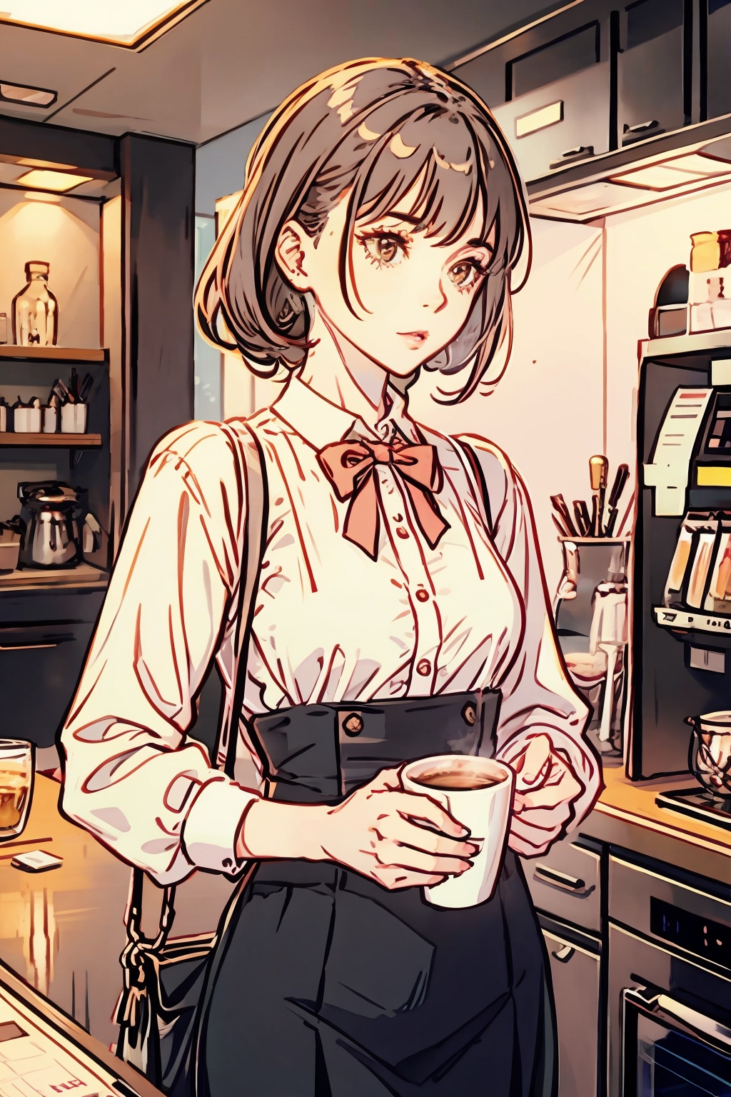 a woman holding a cup of coffee in her hands,<lora:Marker Illustration:1>,