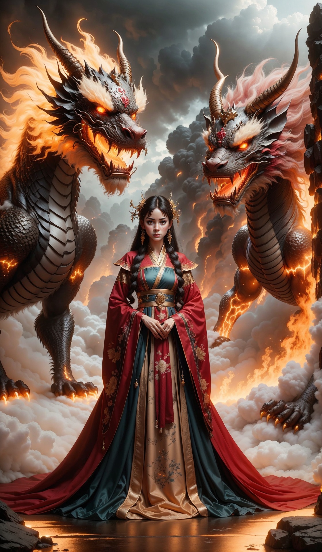 A young girl stands in front of a huge dragon, her eyes firm and fearless. Around her are bubbling lava, glowing brightly. The girl wears a simple dress and her hair is messy due to the wind. She holds a sword tightly in her hand, ready to face the upcoming challenge. High quality photo, intricate details, dramatic lighting, intense atmosphere, epic fantasy art by Gregory Manchess, Alphonse Mucha, Trending on DeviantArt, Trending on ArtStation, Intricate, High Detail, Sharp focus, dramatic, photorealistic painting art by midjourney and greg rutkowski.