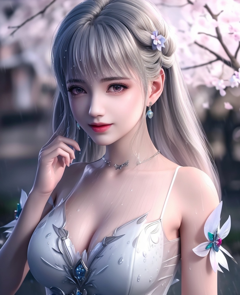 <lora:554-DA-武动乾坤-林青檀-V2:0.8>(,1girl, ,best quality, ),looking at viewer, ,ultra detailed 8k cg, ultra detailed background,  ultra realistic 8k cg,          cinematic lighting, cinematic bloom, (( , )),,  , unreal, science fiction,  luxury, jewelry, diamond, pearl, gem, sapphire, ruby, emerald, intricate detail, delicate pattern, charming, alluring, seductive, erotic, enchanting, hair ornament, necklace, earrings, bracelet, armlet,halo,masterpiece, (( , )),, realistic,science fiction,mole, ,cherry blossoms,(((, , ultra high res, (photorealistic:1.4), raw photo, 1girl, wet clothes, rain, sweat, ,wet, )))(( , ))   (cleavage), (),