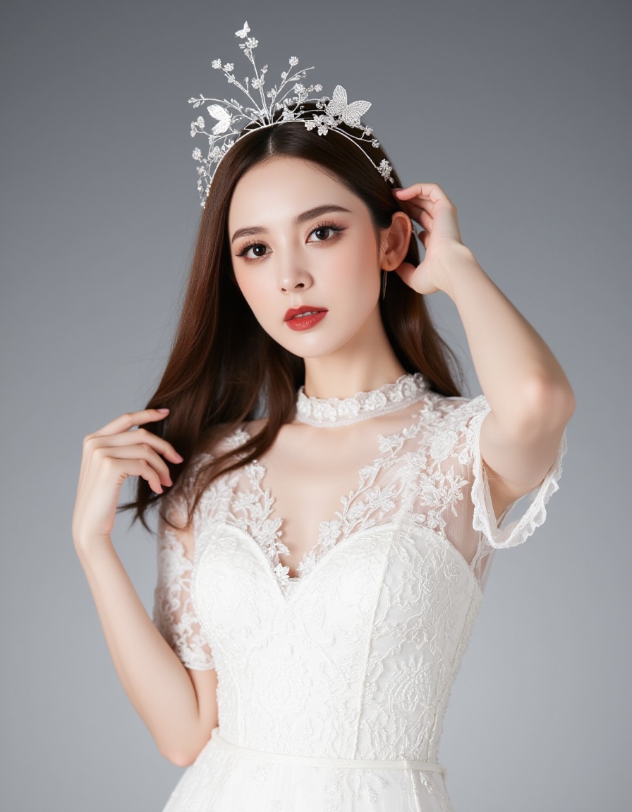 This is a photograph of a young Asian woman with fair skin and long, straight brown hair. She is wearing a white lace dress with intricate floral patterns. Her makeup is bold, featuring red lipstick and dark eye makeup. A delicate, silver headpiece with floral and butterfly motifs adorns her head. She stands against a gradient gray background, with one arm raised, touching her hair. The overall aesthetic is ethereal and elegant, emphasizing her soft features and the texture of the lace fabric.
