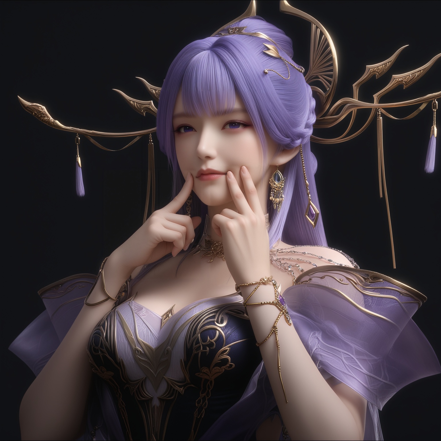 masterpiece,best quality,absurdres,highres,1girl,solo,<lora:新-天穹-ill-000009:0.83>,upper body,BREAKpurple and black,long hair,purple hair,jewelry,ornate hair ornament,golden headpiece,long dangling earrings,antler-like crown,tassel headdress,collarbone,choker,shoulder chains,arm chain,sheer overlay,corset top,(fingersmile),BREAK(white_skin:1.1),(fair_skin:1.1),realistic,simple background,black background,