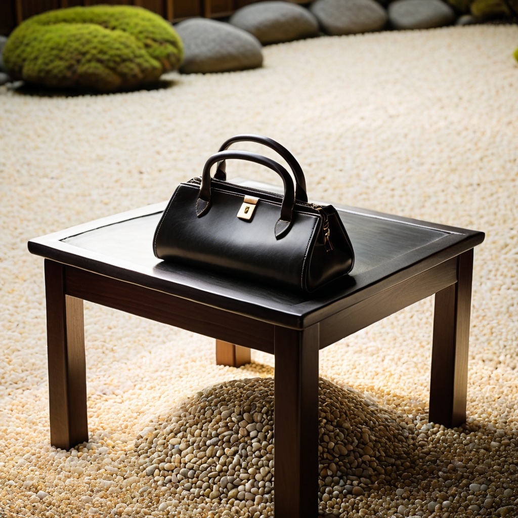 scenejapanzen,  a leather handbag,  Japanese zen garden stone table on Tensor.Art