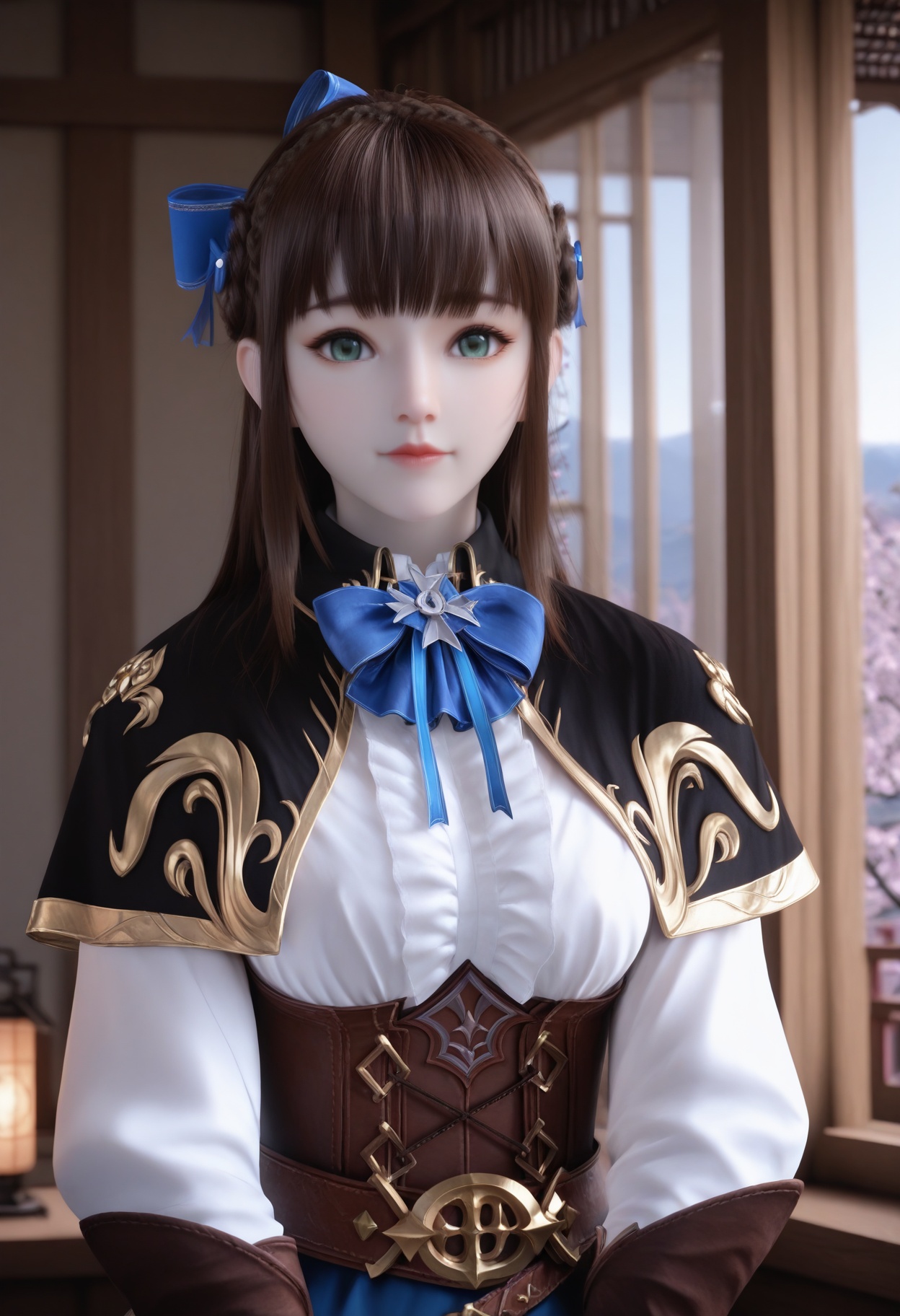 Rui_beika,1girl,blurry background,bangs,brown hair,blunt bangs,cowboy shot,braid,green eyes,crown braid,<lora:Rui_beika_10_illu-000008:0.75>,white shirt,brown elbow gloves,corset,blue bow,belt,blue ribbon,long sleeves,hair ribbon,hair bow,capelet,bowtie,blue skirt,photorealistic,hyperrealistic,<lora:realistic filter [IL]:1>,(pale skin),standing,(upper body:1.2),close up,head shot,lantern,open window,looking at viewer,indoors,mountains,blossoms,flowers,east asian architecture,beautiful sunrise,warm ambient temperature,