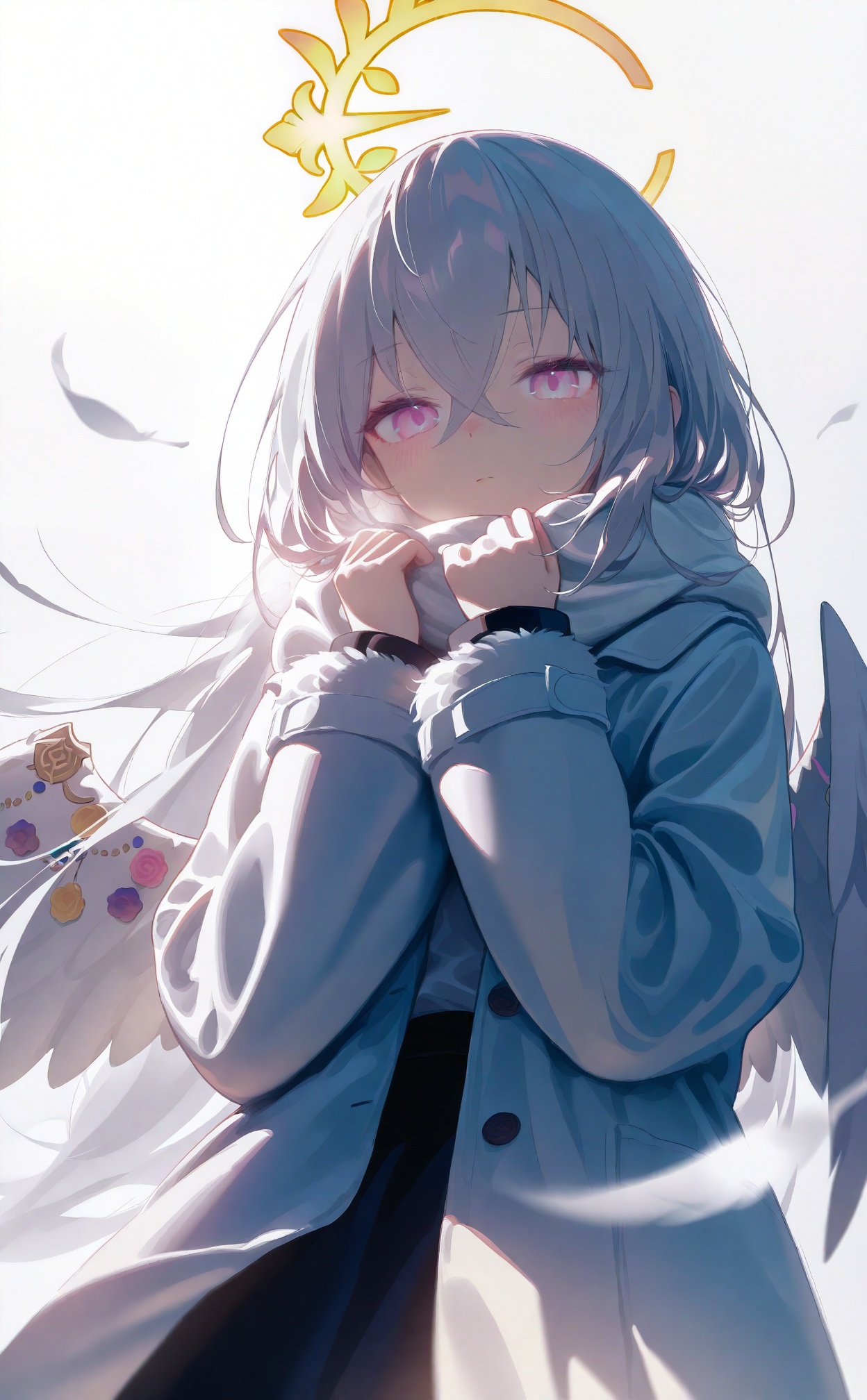 best, 1girl, solo, halo, azusa (blue archive), long hair, white wings, wings, closed mouth, long sleeves, looking at viewer, angel wings, purple eyes, crossed bangs, blush, coat, white coat, skirt, yellow halo, white hair, hair between eyes, open clothes, black skirt, scarf, feathered wings, hands up, white jacket, open coat, simple background, fur trim, jacket, falling feathers, white scarf, white background, feathers, pink eyes, fur-trimmed sleeves, grey hair, grey background, winter clothes, cowboy shot, very long hair, shirt, alternate costume, open jacket, white shirt, fur-trimmed coat, fur-trimmed jacket, white feathers, upper body, winter coat, light blush, expressionless, dress, standing, wing ornament, blue skirt<lora:amei3-000040:0.9>