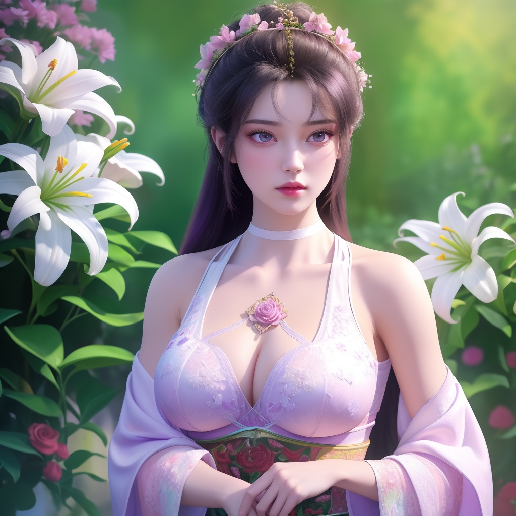 <lora:763-DA-仙逆-墨云:0.8>, (,1girl, ,best quality, ),looking at viewer,  ,ultra detailed 8k cg,ultra detailed background,ultra realistic 8k cg,1girl, solo,(bare shoulders:0.85),(masterpiece, best quality),((oil painting style)),sexy young lady,(beautiful face and eyes),(upper body:1.5),(whole body:1.05),(single person:1.2),surrounded by flowers, (lily), roses, floret, vegetation, white, purple, purplish pink,Impressionism,colorful,(Breast size:1.3),(cleavage),,
