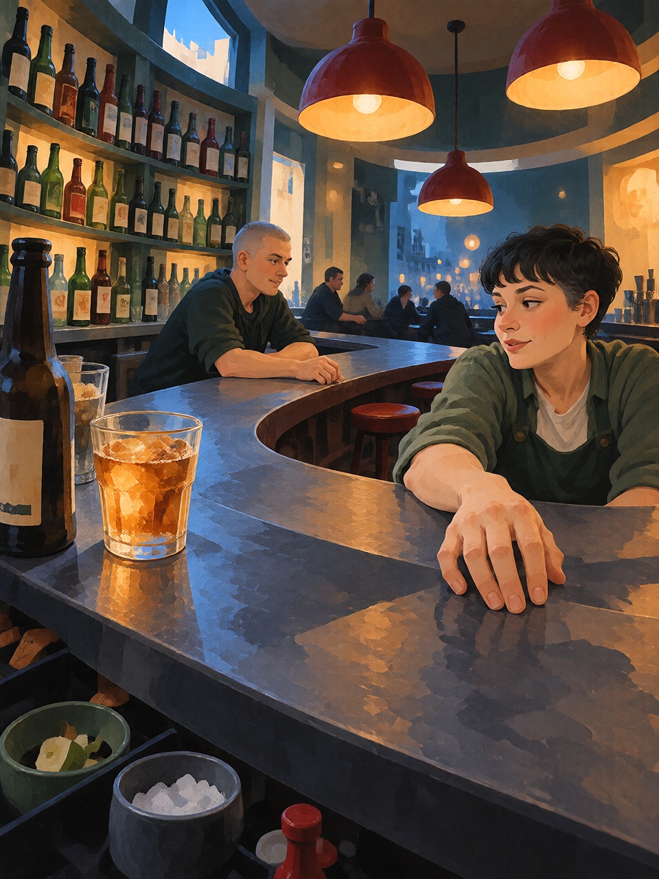 A small neighborhood bar interior,  one person leaning on the counter close to the viewer,  bottles on Tensor.Art
