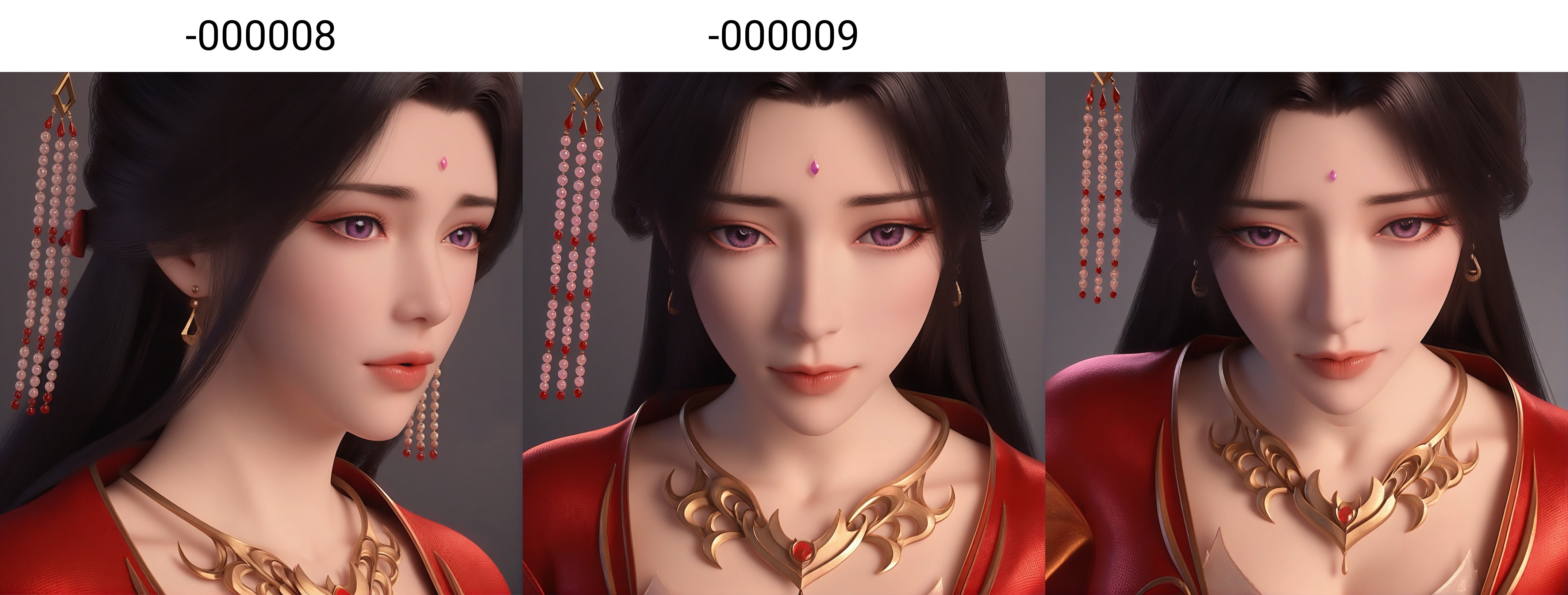 (score_9),portrait,(close-up),solo focus,(eye focus),<lora:红月婵-apony-000008:0.83>,yuechanm,1girl,solo,hair ornament,jewelry,long hair,forehead jewel,earrings,tiara,necklace,hair bun,black hair,purple eyes,red dress,shoulder ribbon,cleavage,(glamor),curvy,mature_female,collarbone,BREAK<lora:Expressive_H-000001:0.8>,light blush,Expressiveh,looking at viewer,front view,<lora:e肤色滑块:0.35>,fair_skin,((pale skin)),(white_skin),ultra-detailed skin texture,detailed textures,<lora:皮肤凹痕:1.2>,BREAK<lora:e色温:-0.35>,simple background,grey background,Tyndall effect,available light,depth of field,lens_flare,4K ultra HD,sharp focus,high detail,high contrast,