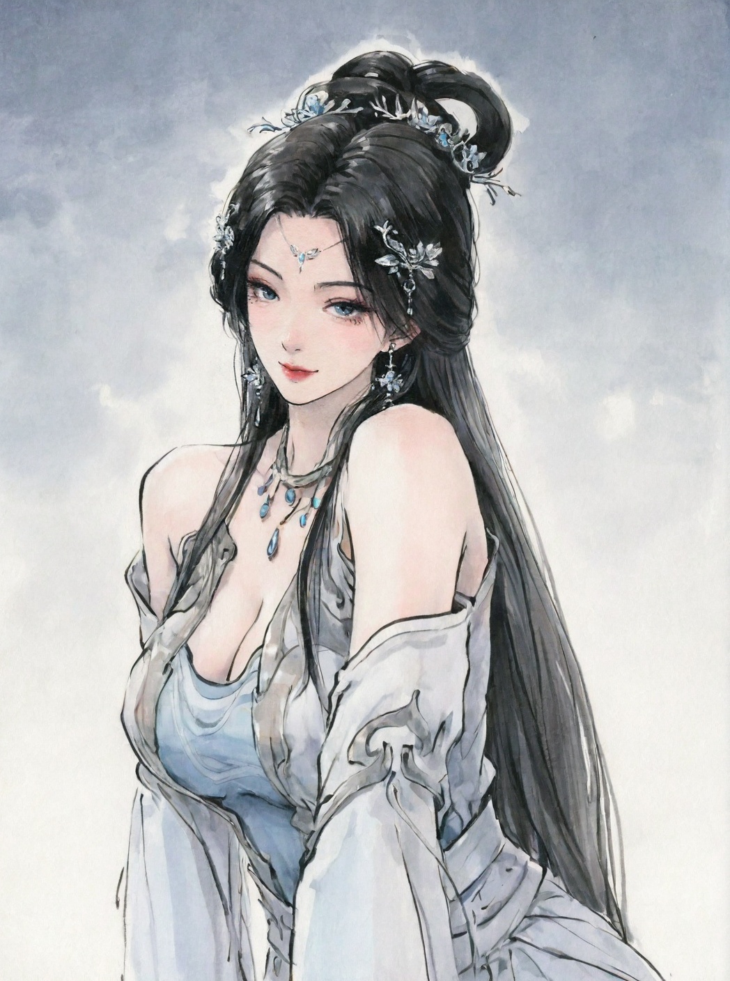 ((very awa)),solo,highly detailed,(best quality),((masterpiece)),1girl,<lora:鸽正则nbXL:0.4>,ge,chi,<lora:chi正则100nbXL:0.7>,traditional media,painting \(medium\),watercolor \(medium\),large breasts,mature_female,looking_at_viewer,<lora:安妙依nbXL:0.6>,anmiaoyi,black hair,hair ornament,earrings,necklace,hair bun,bare shoulders,forehead mark,facial mark,cowboy_shot,seductive_smile,