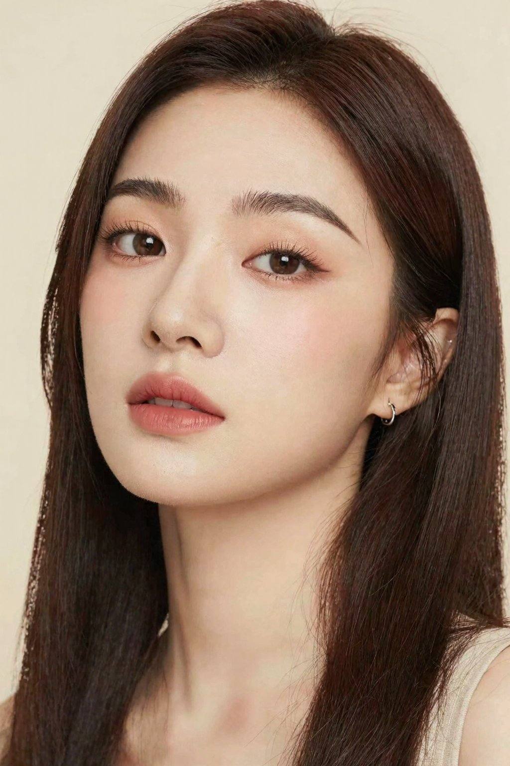 The image is a high-resolution photograph of an Asian woman taken close-up,  focusing on her face. The subject has smooth,...