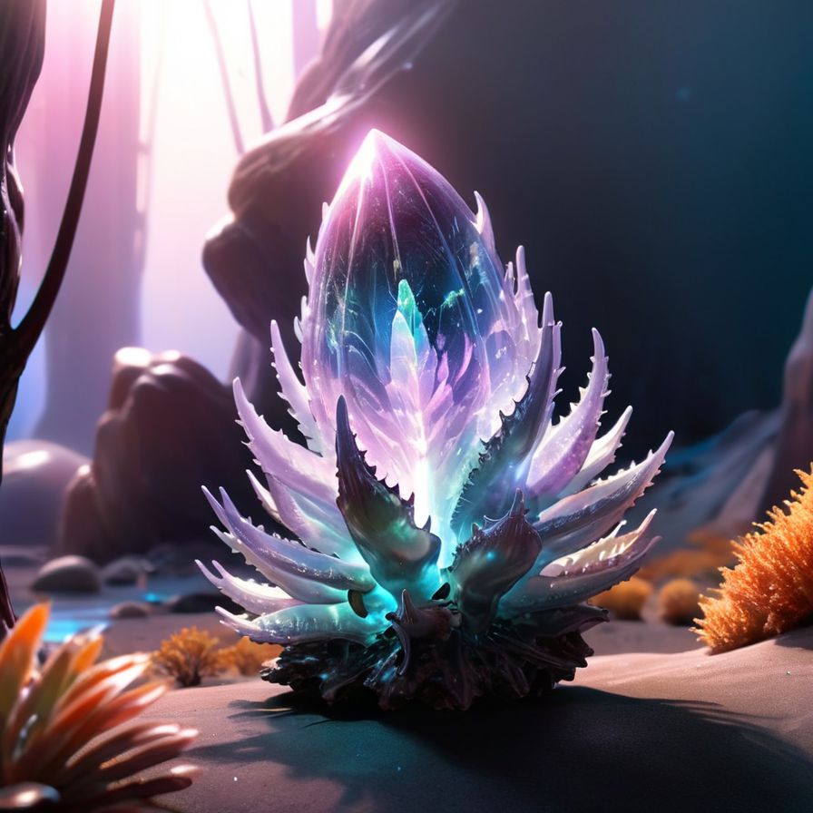 Photo of a fascinating silicon-based life form existing in an alien environment,  with a translucent,  crystalline body gl...