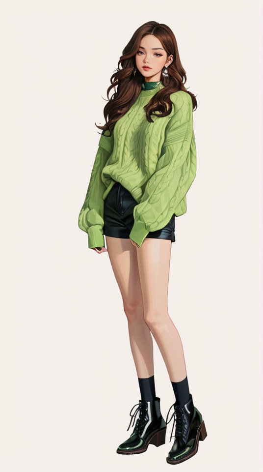 (best quality), ((masterpiece)), (highres), illustration, original, extremely detailed,<lora:韩の时尚衣橱:0.7>1girl, solo, black footwear, long hair, earrings, jewelry, sweater, brown hair, full body, long sleeves, sleeves past wrists, simple background, shorts, black socks, green sweater, white background, socks, standing, shirt, black shorts, boots