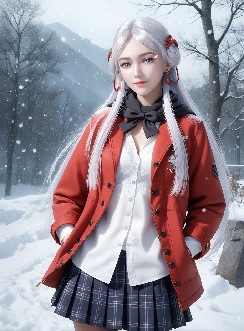 score_9,score_8_up,score_7_up,1girl,skirt,scarf,earrings,long hair,jewelry,red jacket,jacket,smile,dragon,mole under eye,grey eyes,mole,snow,looking at viewer,white hair,hand in pocket,pleated skirt,snowing,solo,shirt,white shirt,bow,hair rings,outdoors,ribbon,closed mouth,long sleeves,hair ornament,tree,bare tree,winter,breath,open clothes,black scarf,bowtie,open jacket,very long hair,<lora:wy_bailong_XL7.0:0.8>,