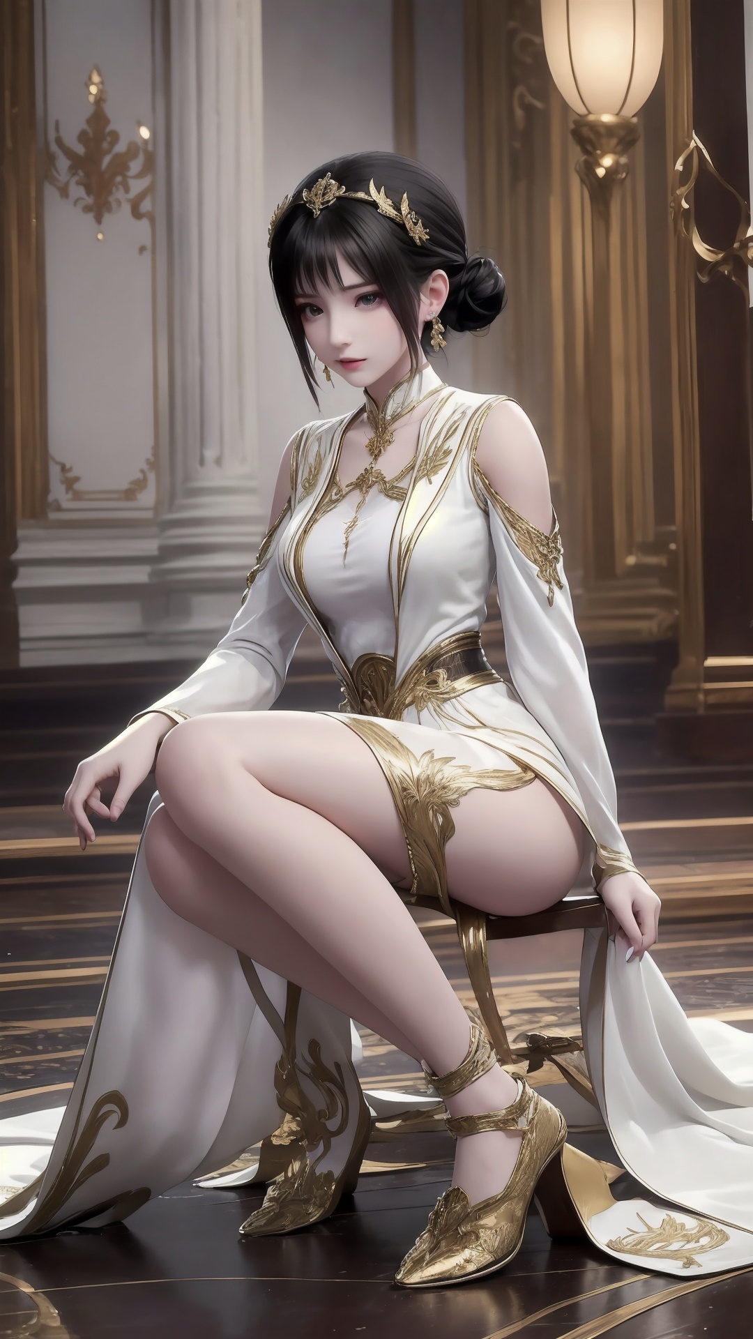 The image is a digital illustration of a young woman sitting on the floor in a luxurious room with ornate decorations. She is wearing a white and gold outfit with a high neckline and long sleeves,and her hair is styled in a sleek updo with gold accents. She has a pair of gold earrings on her head and is holding a cigarette in her hand. The woman is sitting with her legs crossed and her hands resting on her knees. She appears to be deep in thought,with a serious expression on her face. The room has a high ceiling with intricate designs and a chandelier hanging from it. The overall mood of the image is elegant and regal..,<lora:1.5丹晨(2):0.8>,
