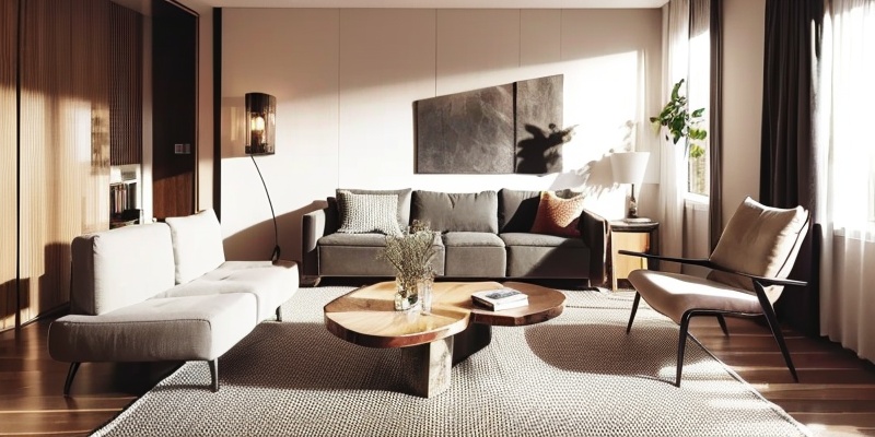 Modern Low Luxury Style,Realistic details,Indoor photography,day,indoors,english text,pillow,book,no humans,window,chair,table,sunlight,curtains,scenery,couch,wooden floor,lamp,cushion,carpet,